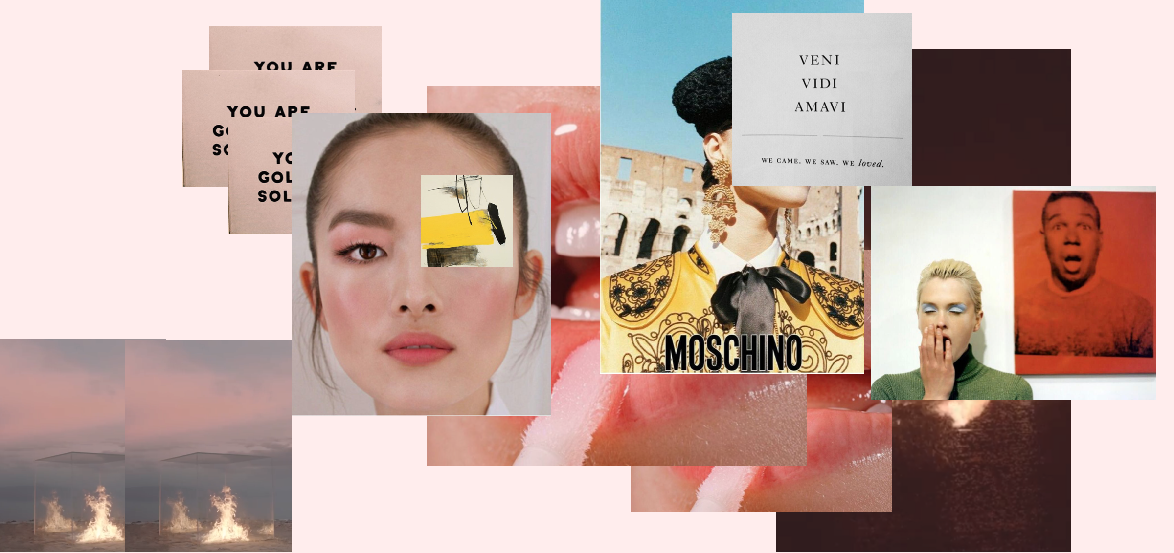 Left to right: Screenshots from 'TRAVIS' YSL S17 / Feifei Sun / 'Contact Sensation' by Hyunmee Lee / Glossier Nov 16 / Kasia Struss, Moschino SS12 by Juergen Teller / Kylie Bax, Vogue Italia 96 by Steven Meisel. 