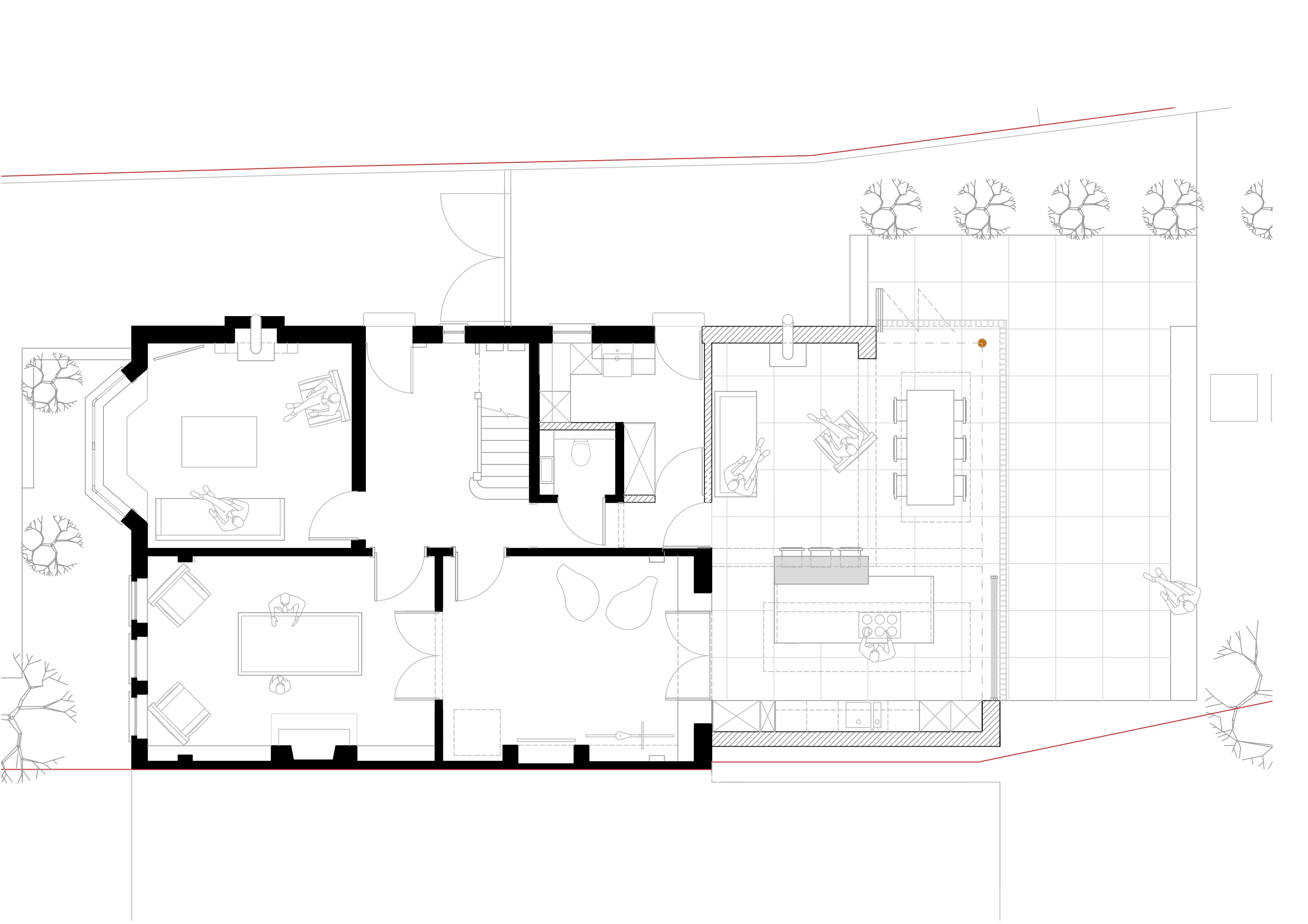  Proposed Plan : The rear of the property is to be demolished and replaced with an unashamedly modern open plan Kitchen/ Living / Dining area, with full height sliding glass doors and enormous roof lights. The rear, flat roof structure is to be clad 