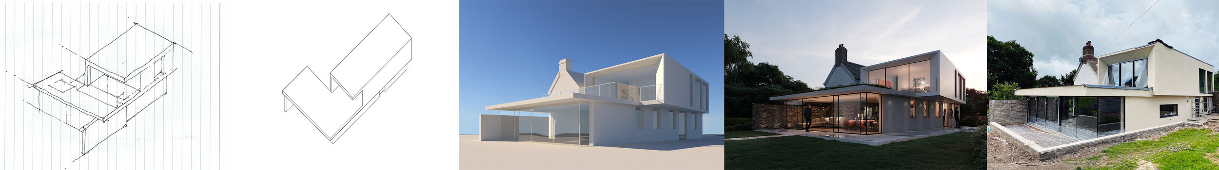 A visual design progression from early concept sketch, through to CAD modelling and 'nearly complete' dwelling