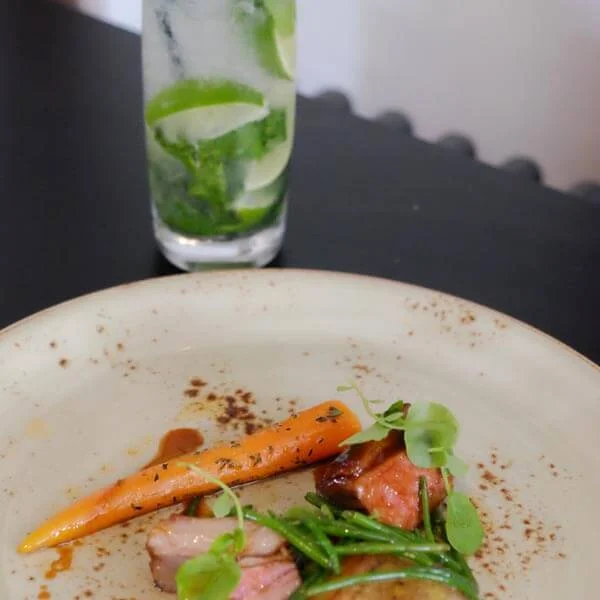 Food Pairing: Denham Estate saddle chop, new potato, Clem's carrot, feta, marsh samphire, escabeche