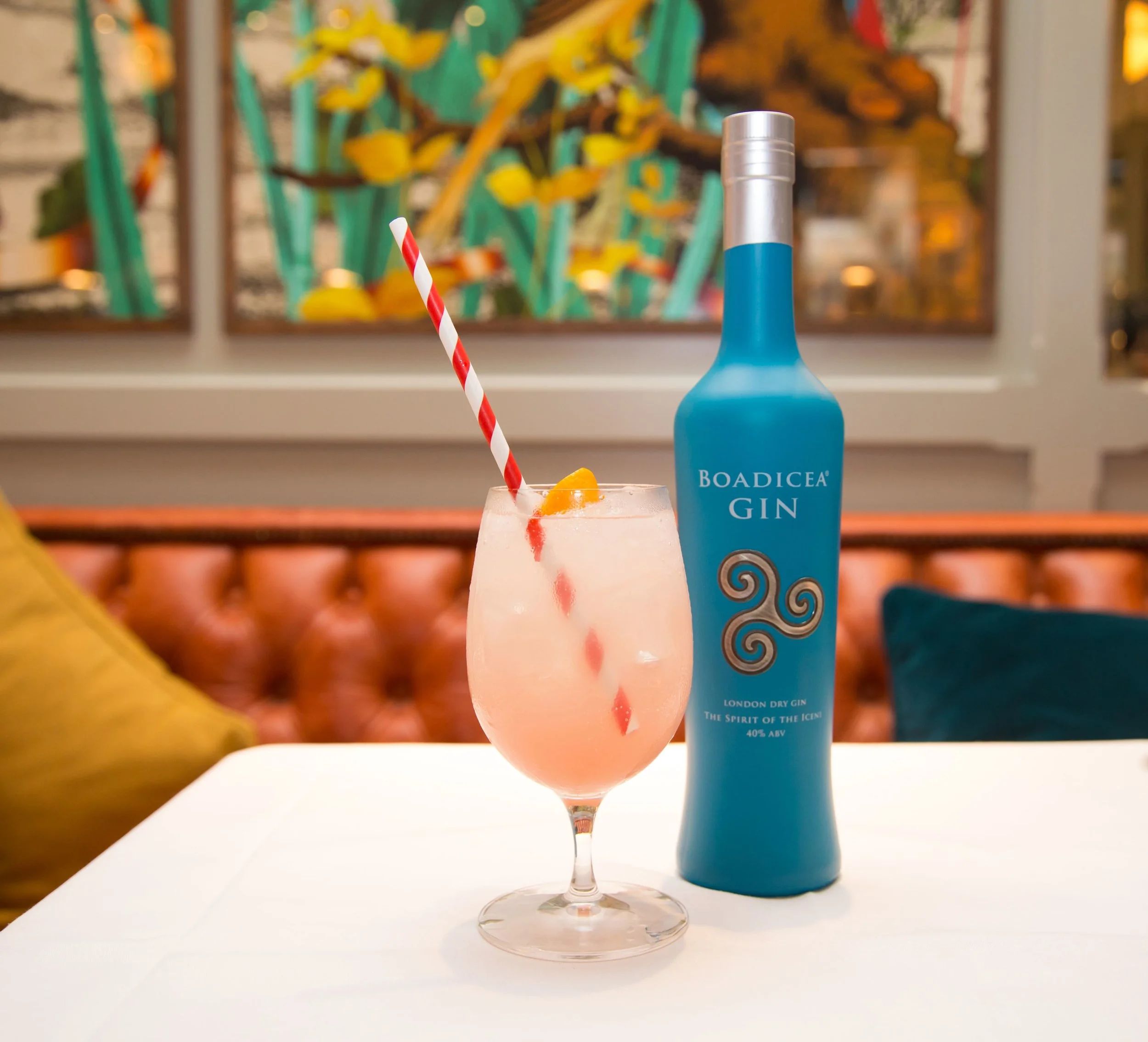 Japanese Warrior cocktail – Boadicea Classic gin, yuzu juice, hibiscus syrup topped with Fever tree lemonade – garnished with orange twist