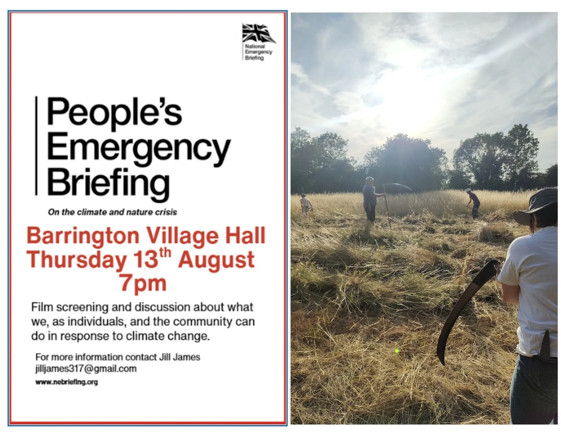 A poster for Barrington People’s Climate Emergency Briefing film, next to a photograph of people scything in a golden field at sunset.