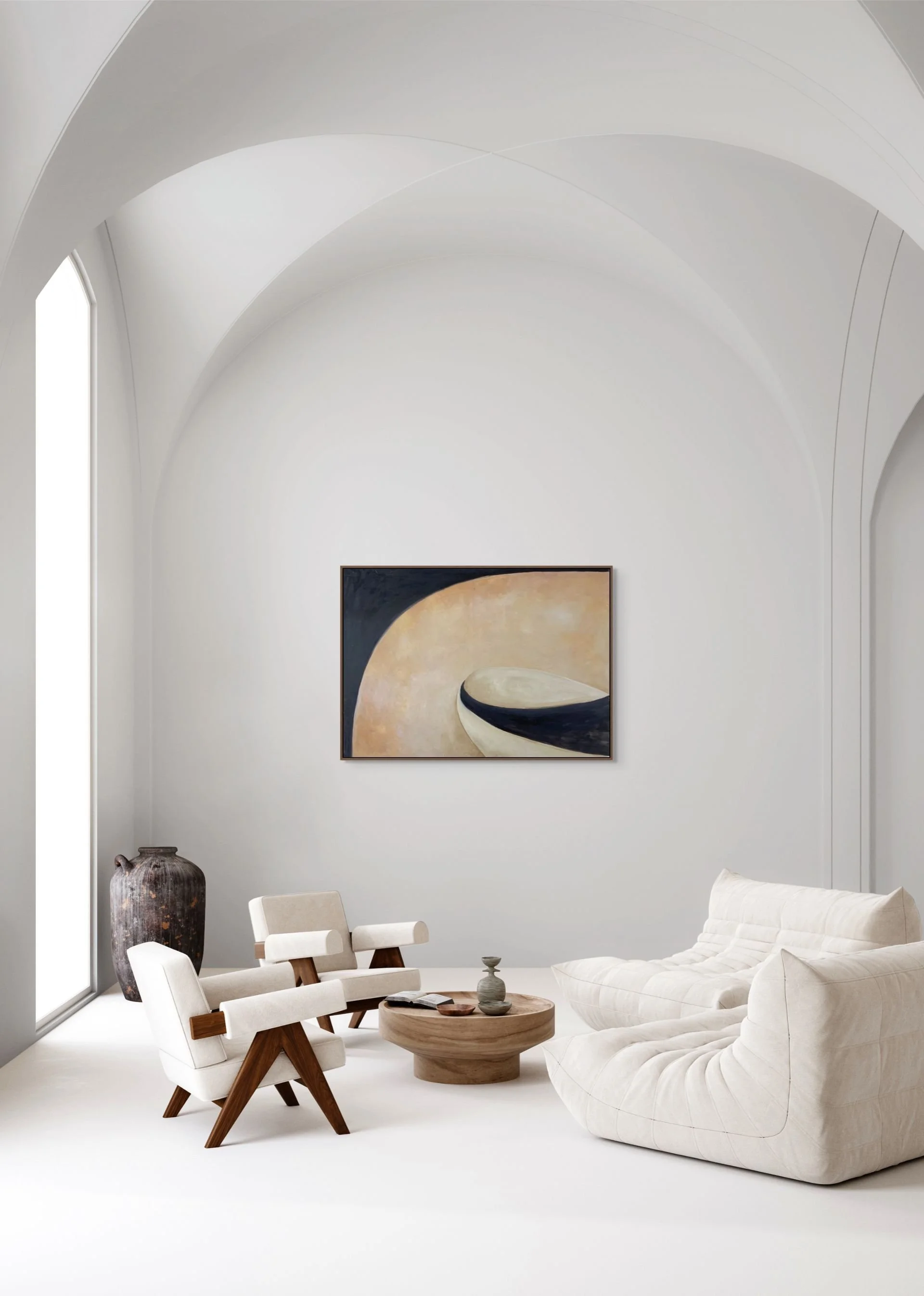 Abstract black and cream large painting in white modernist architectural interior.