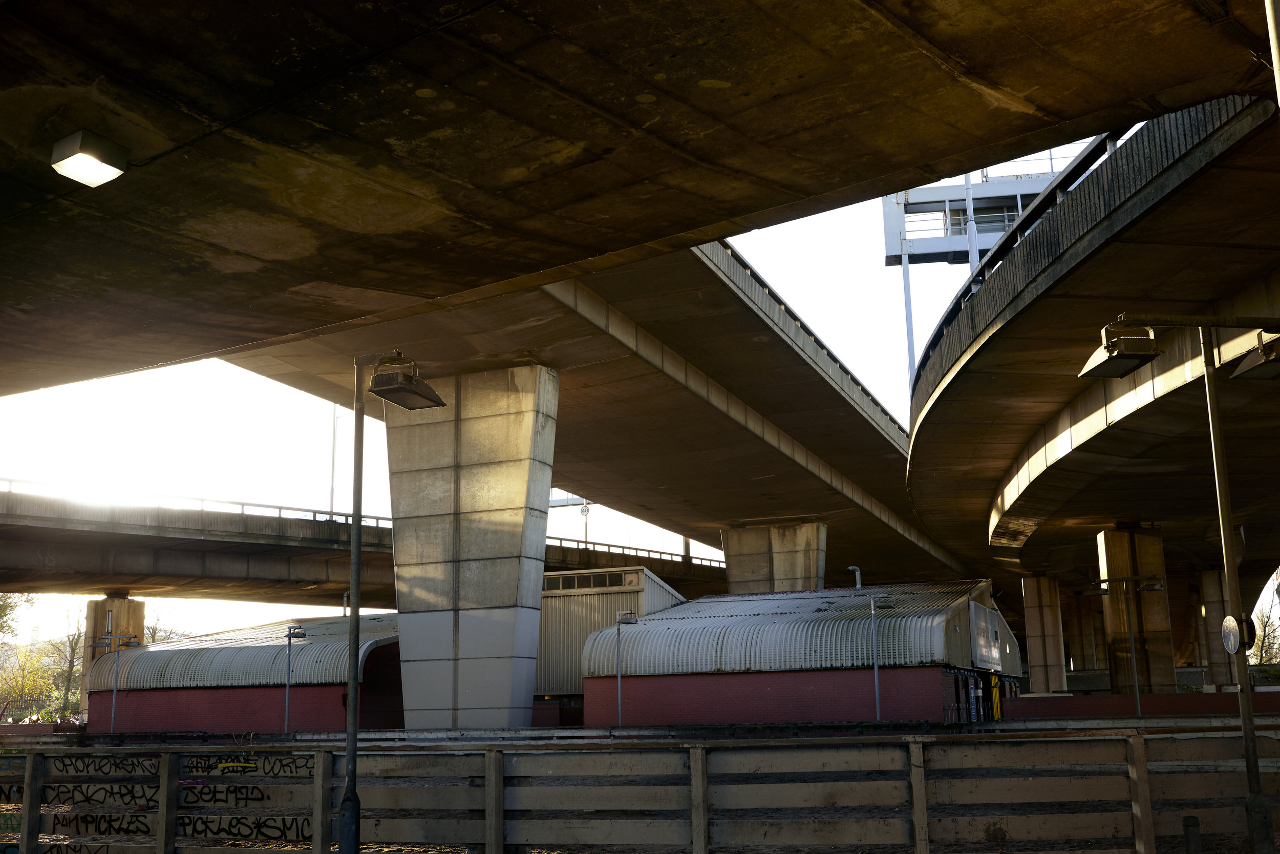  An underside view of the complex labyrinth of roads and junctions that interconnect beside the Westway Site. 