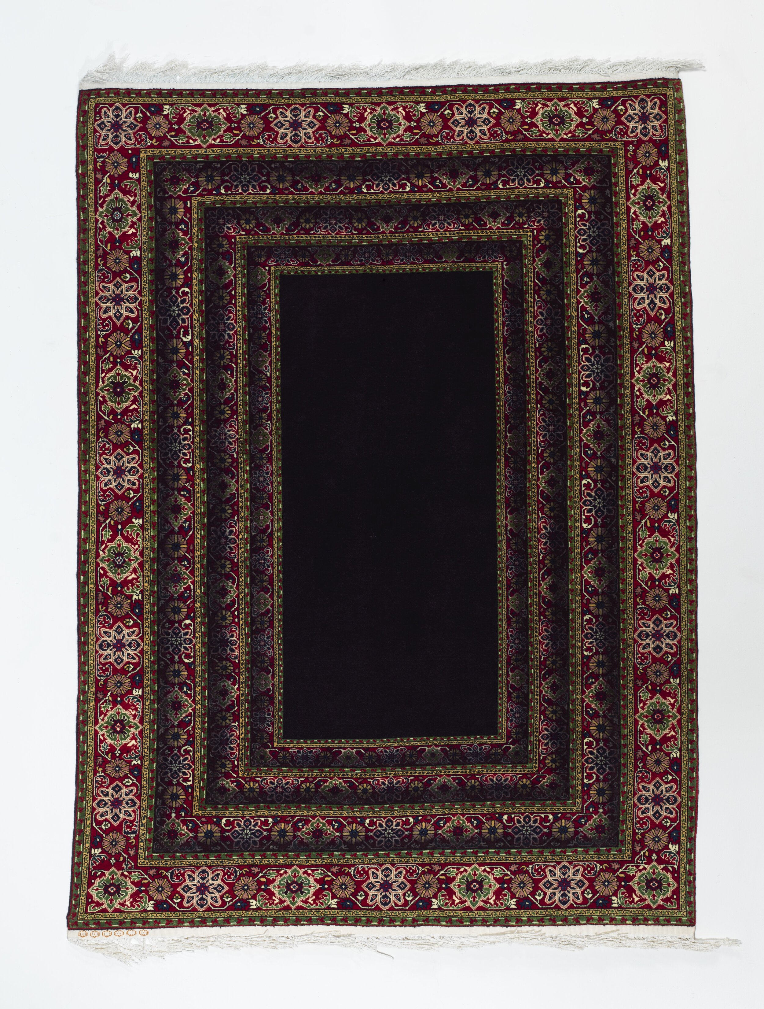  Faig Ahmed, Door of Doors, 2016  Handmade Wool Carpet in brown and black   The pattern on the carpet consists of concentric, ornamental borders that give off the illusion of gradual disappearance into a black void, which is to represent or suggest i