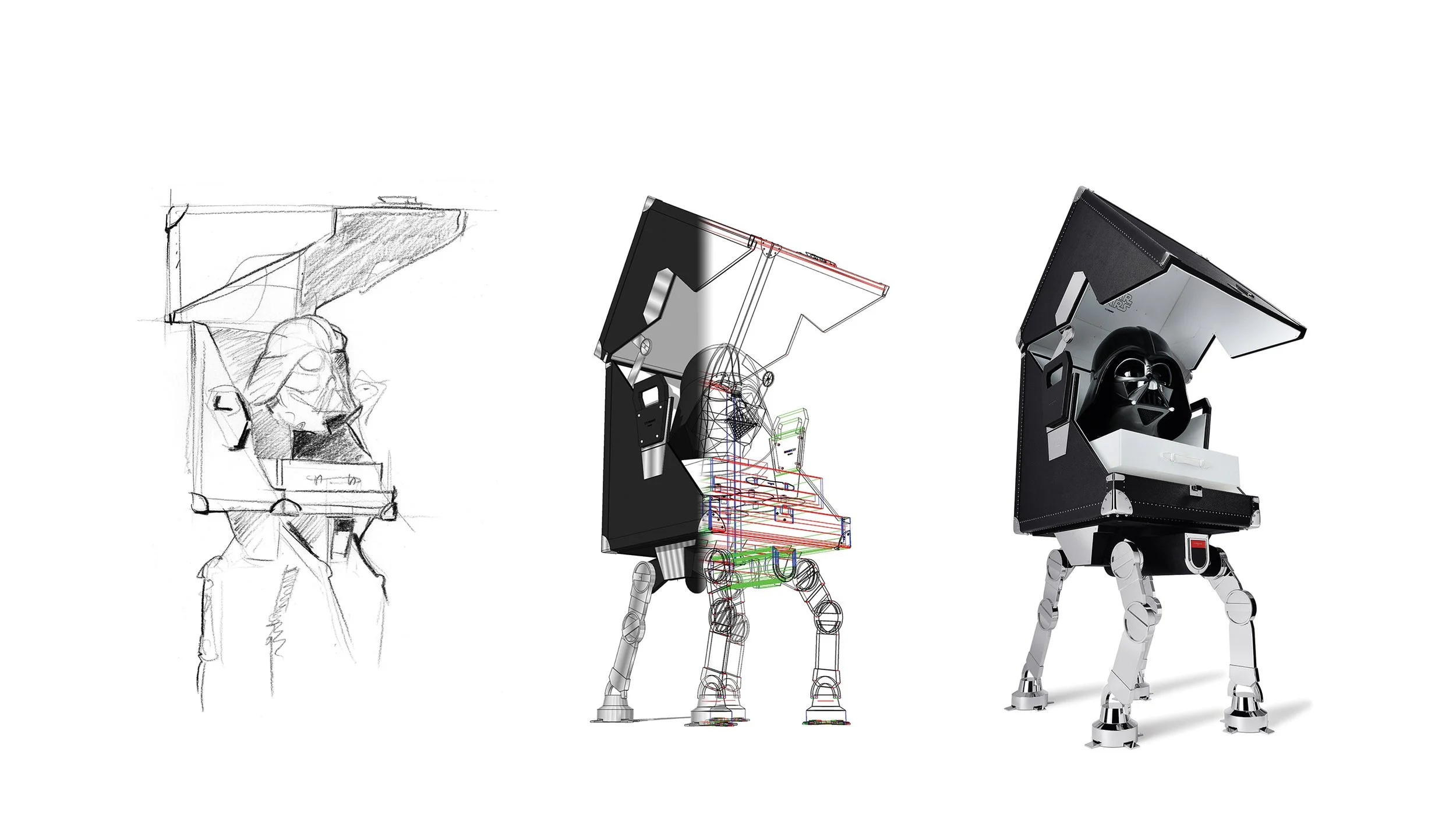 Process de création T.T.Trunks, triptyque croquis crayon, modélisation 3D, rendu final Darth Trunk