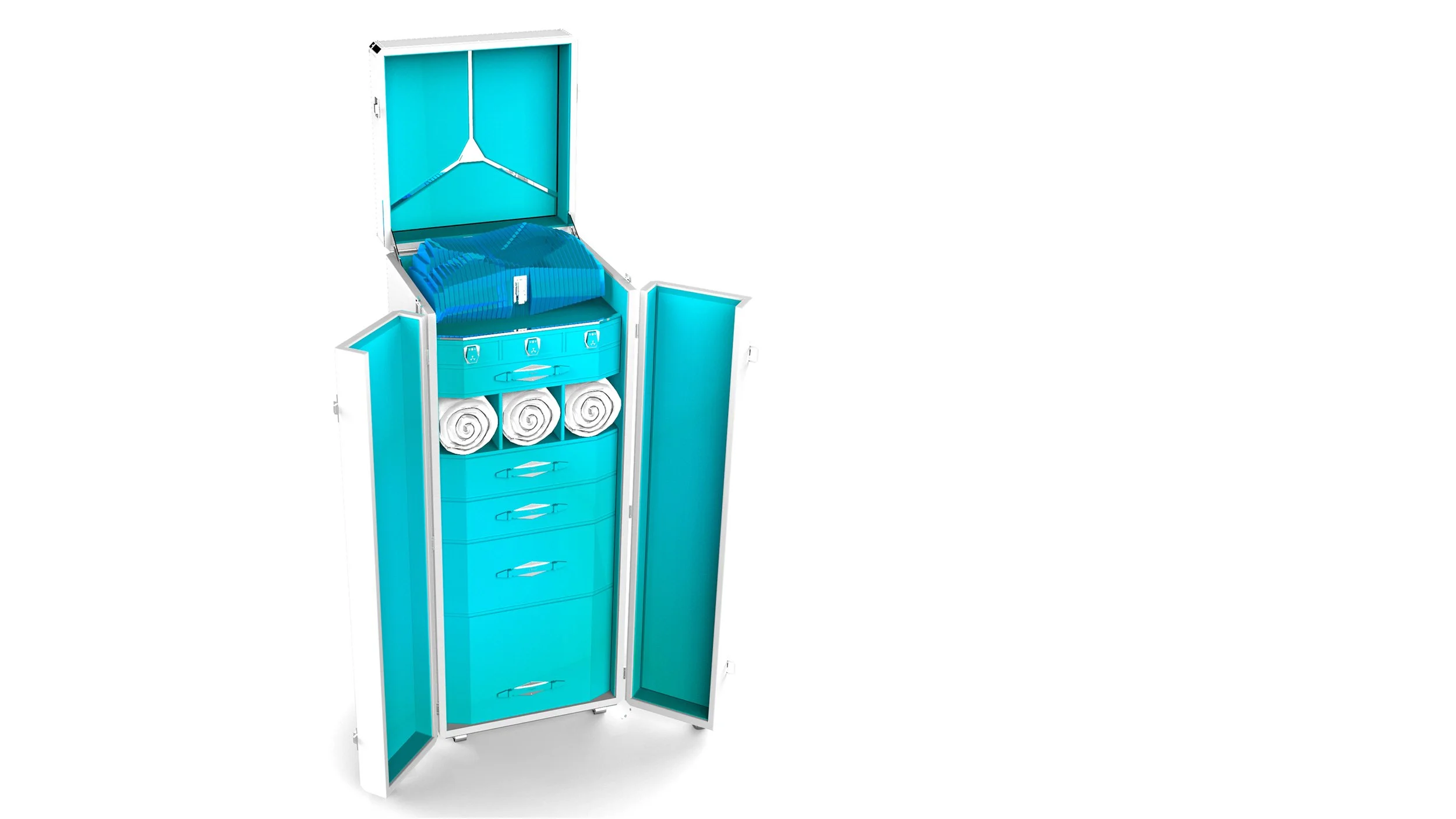 T512 Pool & Spa T.T.Trunks, cuir blanc et microfibre bleu clair, malle de bord de piscine