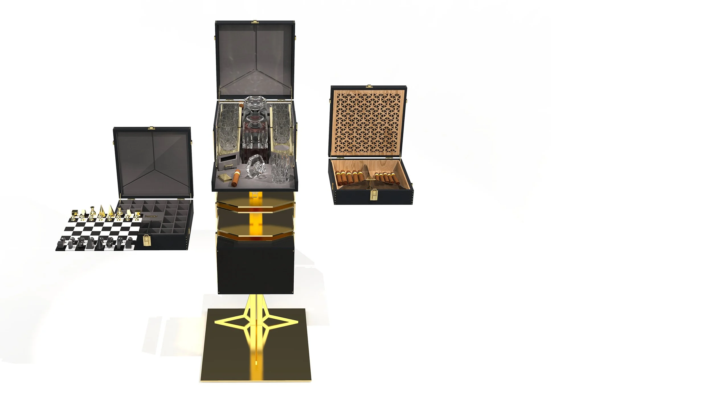 Malle T128 Structure Modulaire T.T.Trunks, colonne sculpturale noire, quatre logements modulables