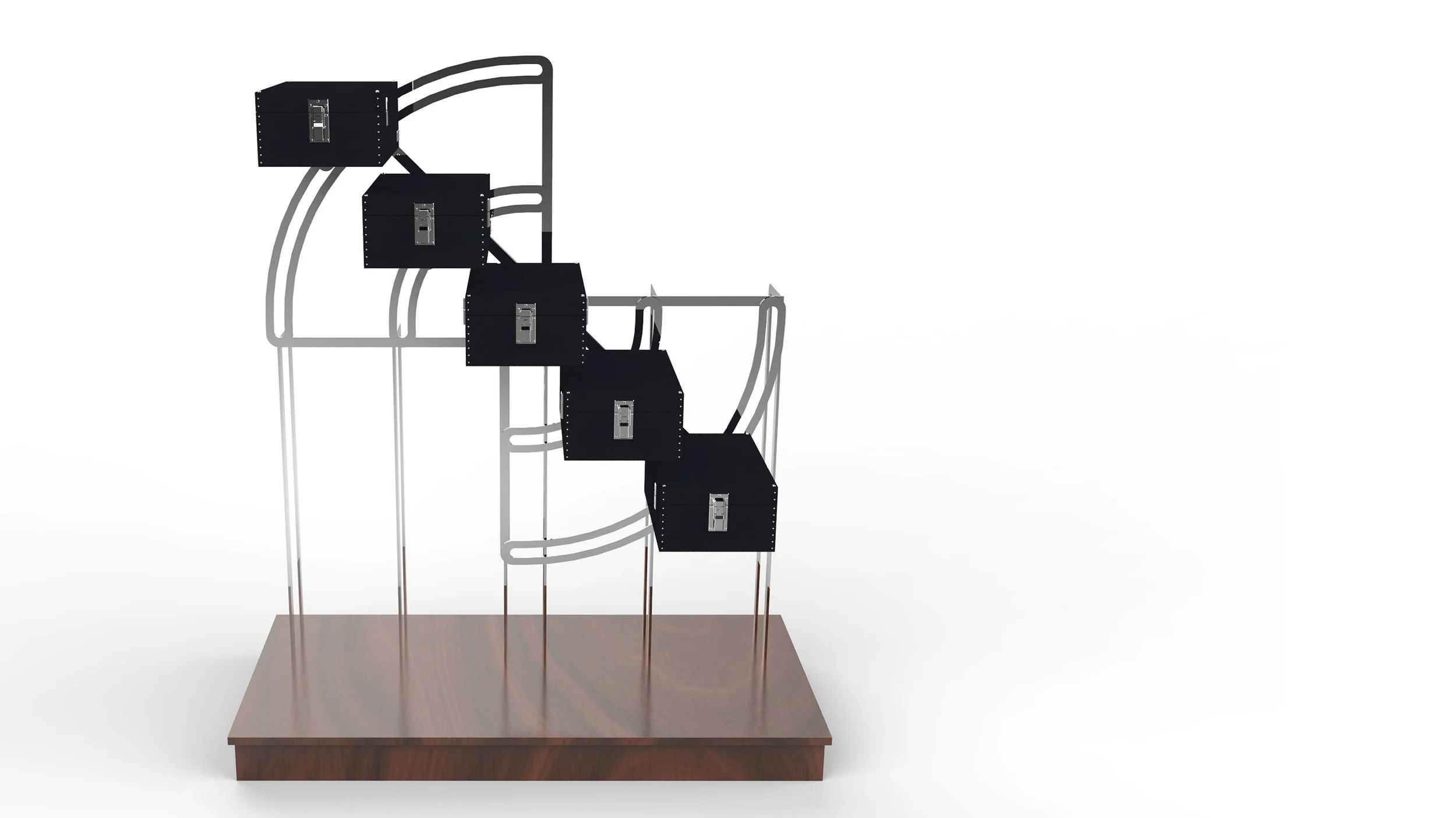 The Pendulum T.T.Trunks, pièce de mobilier à structure pendulaire, vue à 45°