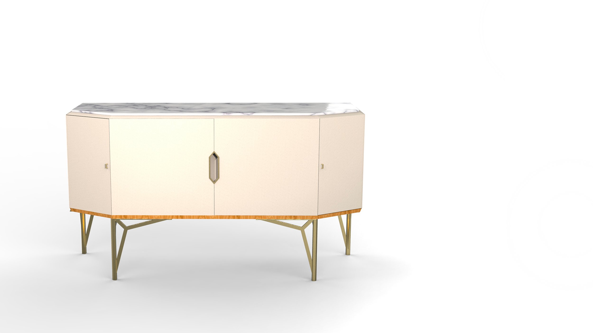 Étude de Commode T.T.Trunks, plateau marbre, gainerie cuir crème, piétement laiton