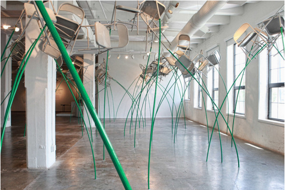 Justin Cooper, “Canopy”, 2015 installation, folding chairs, garden hose