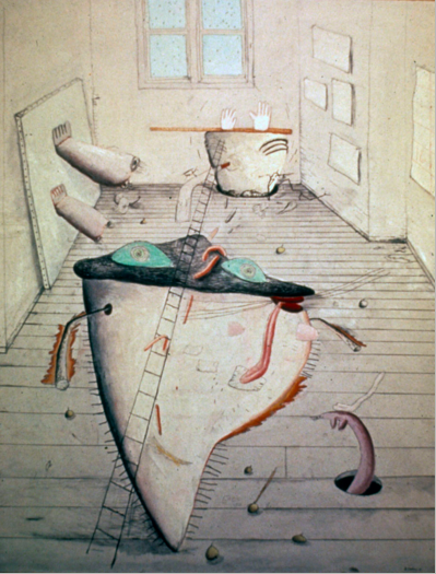 The Cat Approaches 66 x 51 in. Oil, Oil Crayon, Graphite on Canvas 1974
Normal
0
false
false
false
EN-US
JA
X-NONE
/* Style Definitions */
table.MsoNormalTable
{mso-style-name:"Table Normal";
mso-tstyle-rowband-size:0;
mso-tstyle-colband-size:0;
mso-style-noshow:yes;
mso-style-priority:99;
mso-style-parent:"";
mso-padding-alt:0in 5.4pt 0in 5.4pt;
mso-para-margin:0in;
mso-para-margin-bottom:.0001pt;
mso-pagination:widow-orphan;
font-size:12.0pt;
font-family:Cambria;
mso-ascii-font-family:Cambria;
mso-ascii-theme-font:minor-latin;
mso-hansi-font-family:Cambria;
mso-hansi-theme-font:minor-latin;}