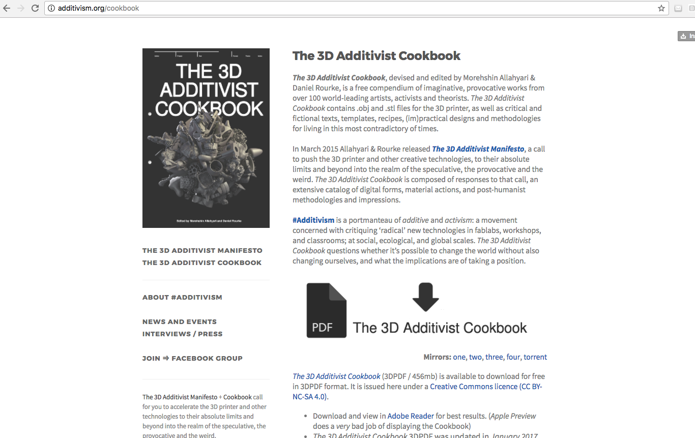 Screenshot of Additivism.org. The 3D Additivist Cookbook , devised and edited by Morehshin Allahyari & Daniel Rourke. http://additivism.org/cookbook