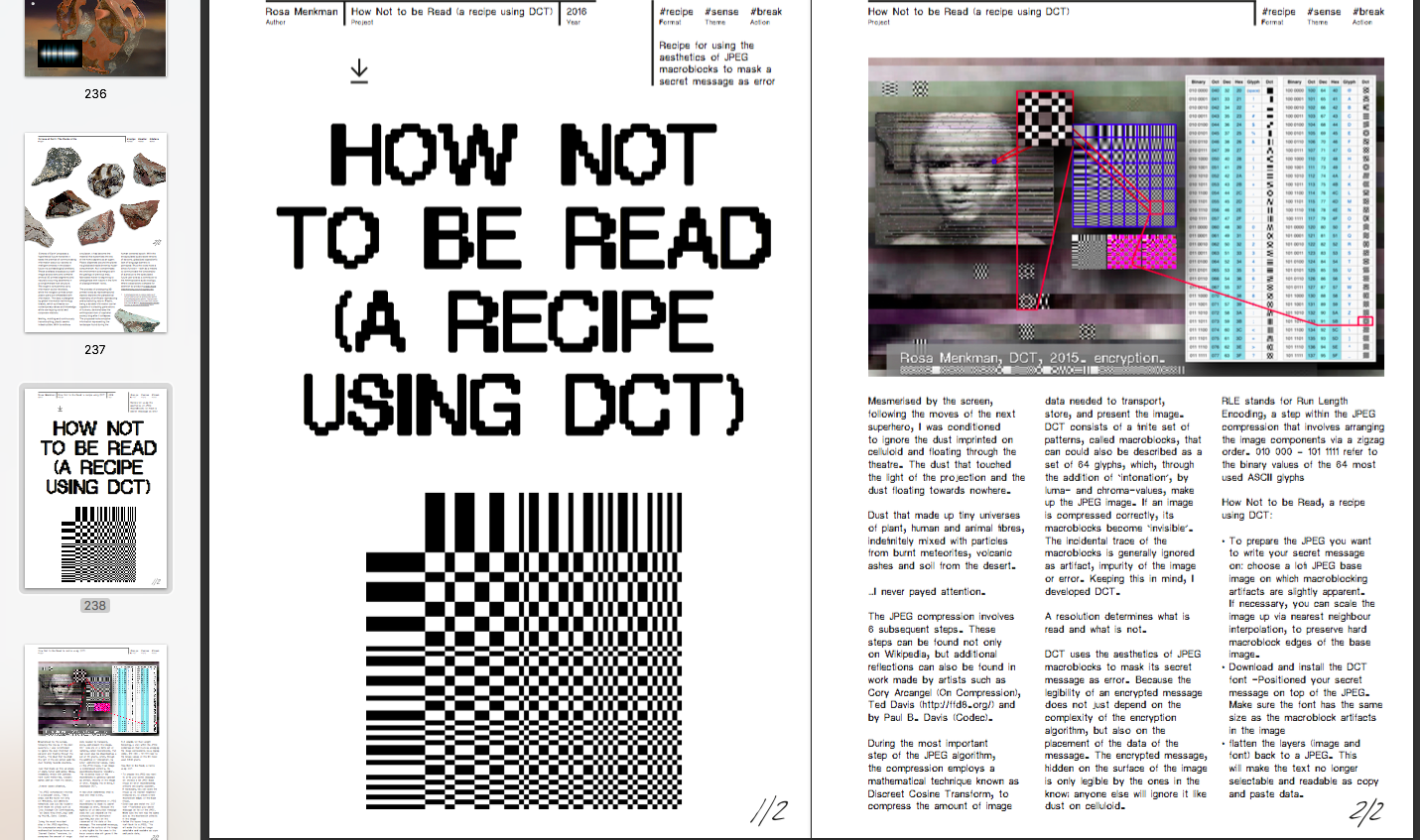 Rosa Menkman, “How Not to be Read (A recipe using DCT)”, 2016. P. 238 of the 3D Additivist Cookbook.