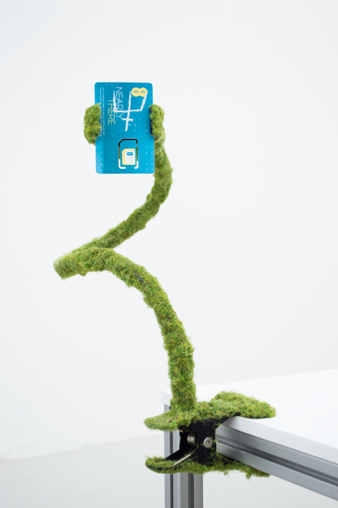Relic I , 2018, Universal mount holder, artificial grass, SIM card, 50 x 20 x 20 cm. Image courtesy of the artist.
