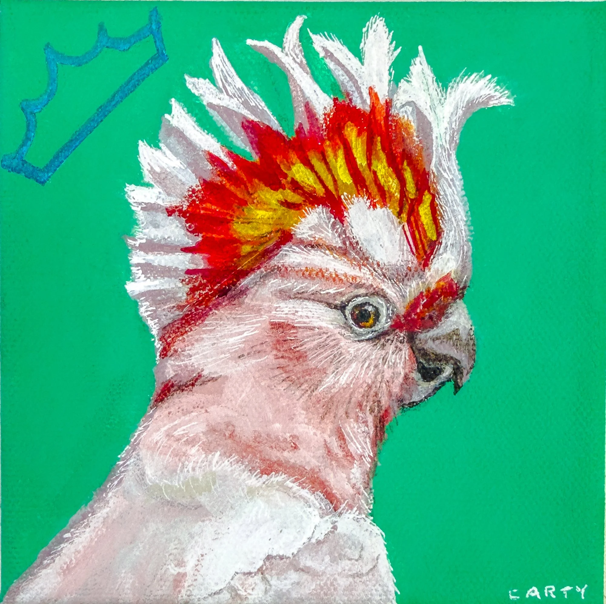 5x5 inch painting of a Major Mitchell Cockatoo wearing a crown by Megan Carty
