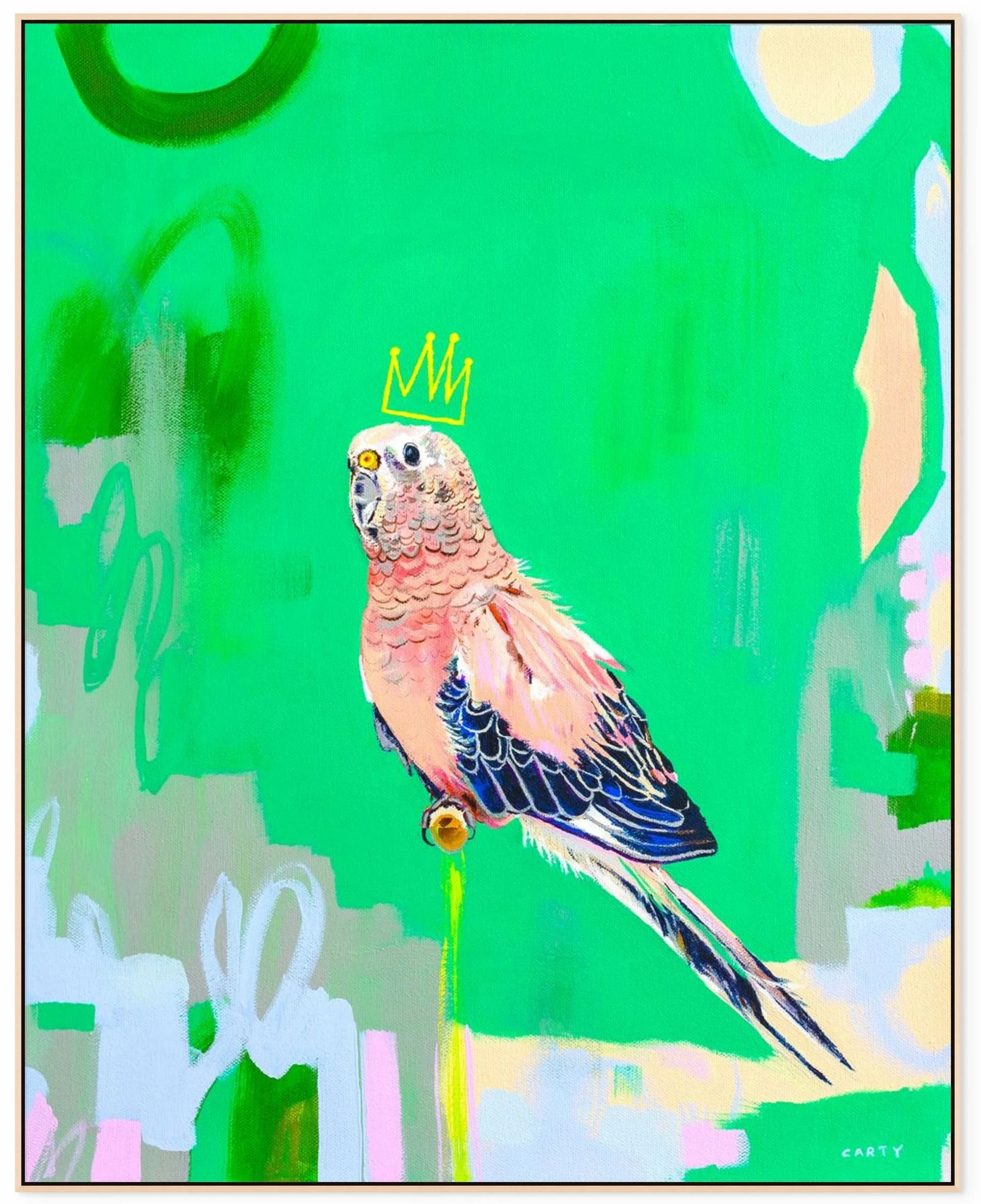 Pink parakeet, preppy bird wall art print on a green background