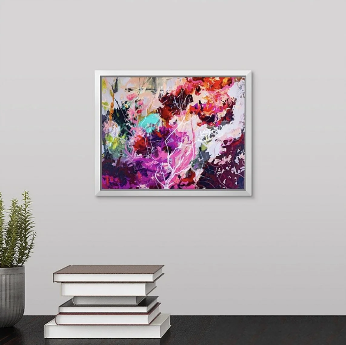 wooded abstract landscape painting in pinks and purples, fine art print by Megan Carty