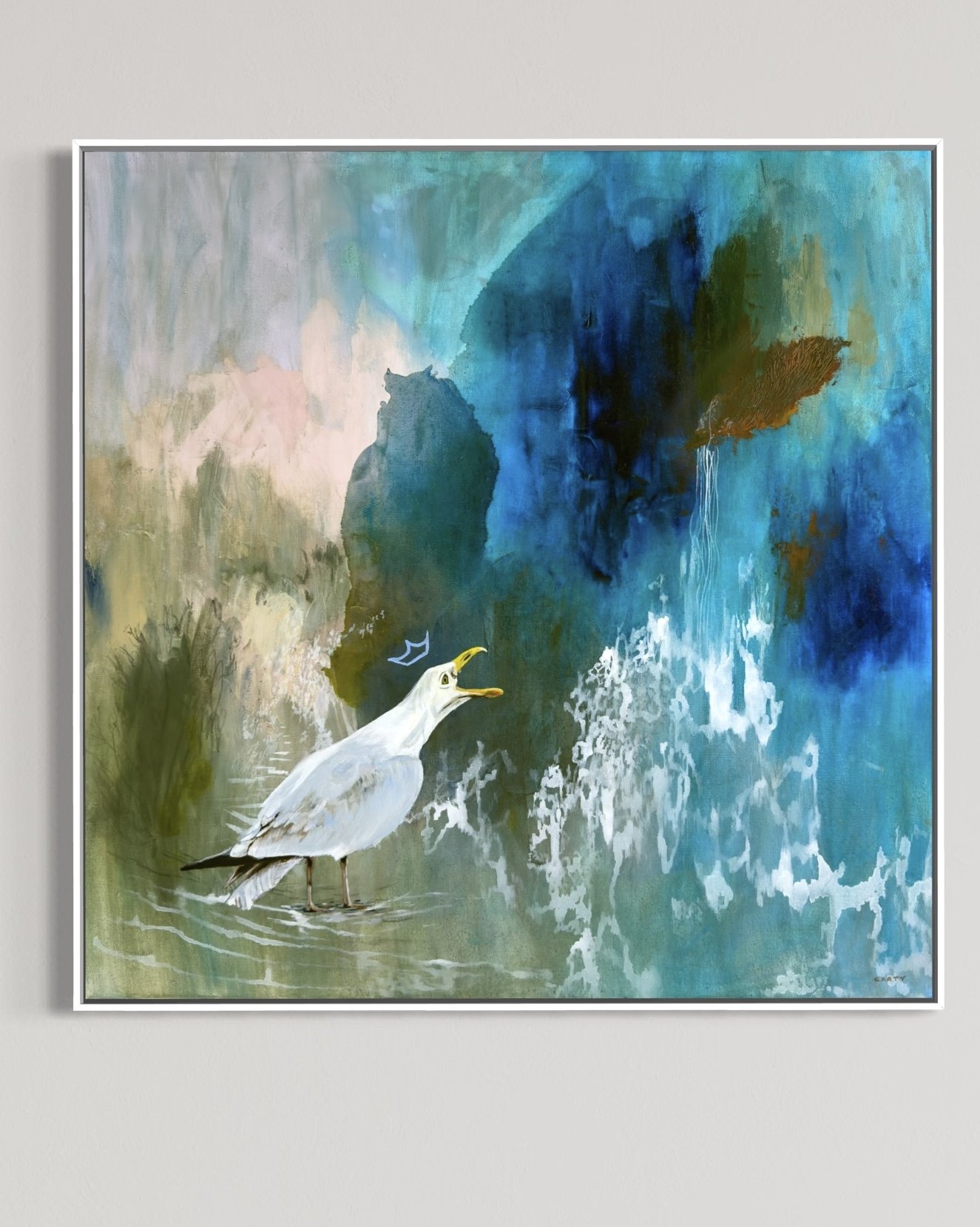 Brooke Screams Into the Void, 36x36", framed coastal bird painting