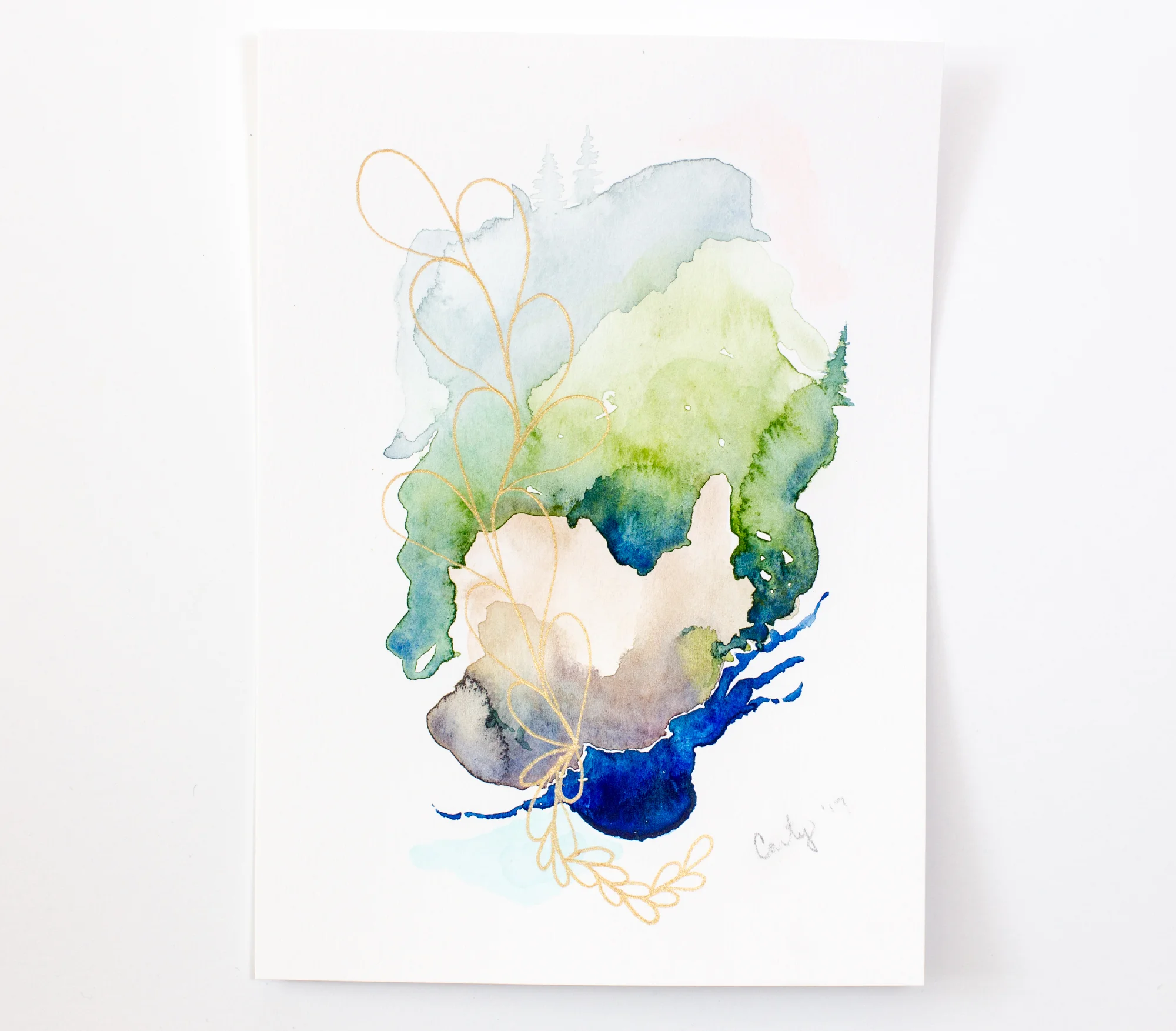 watercolor abstract landscape painting with metallic gold ink by Megan Carty