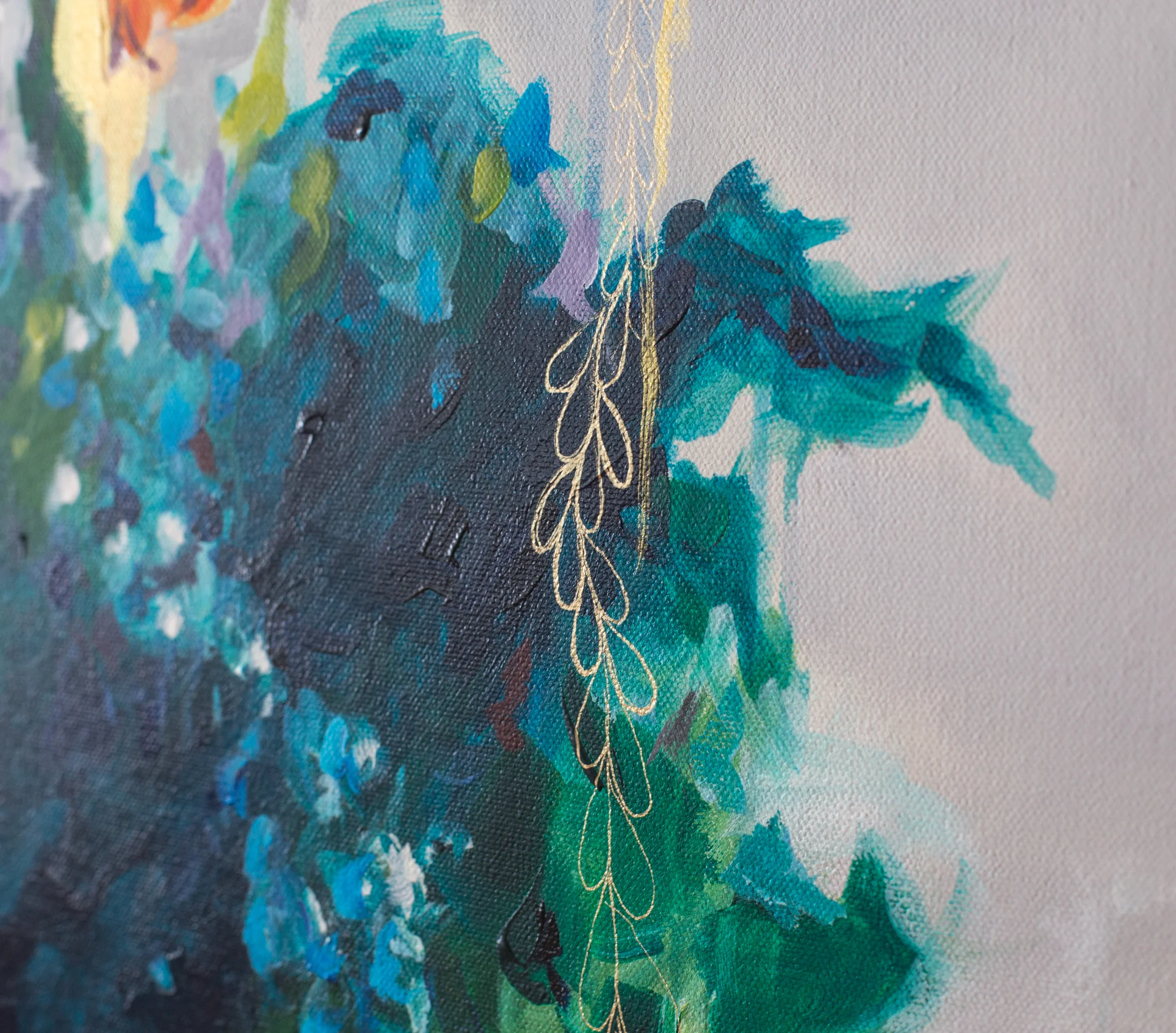 gold metallic ink detail on flower painting by Megan Carty