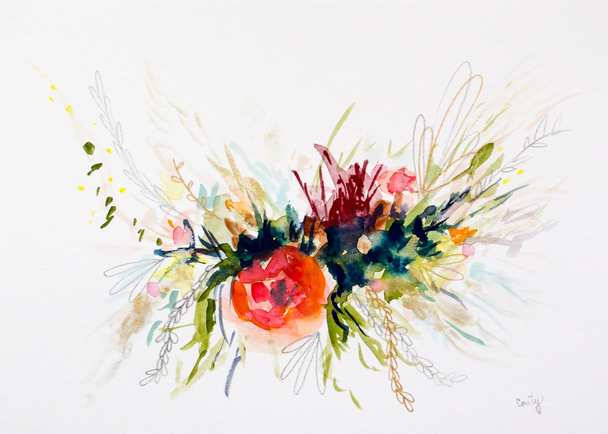 abstract watercolor floral painting with gold paint by Megan Carty