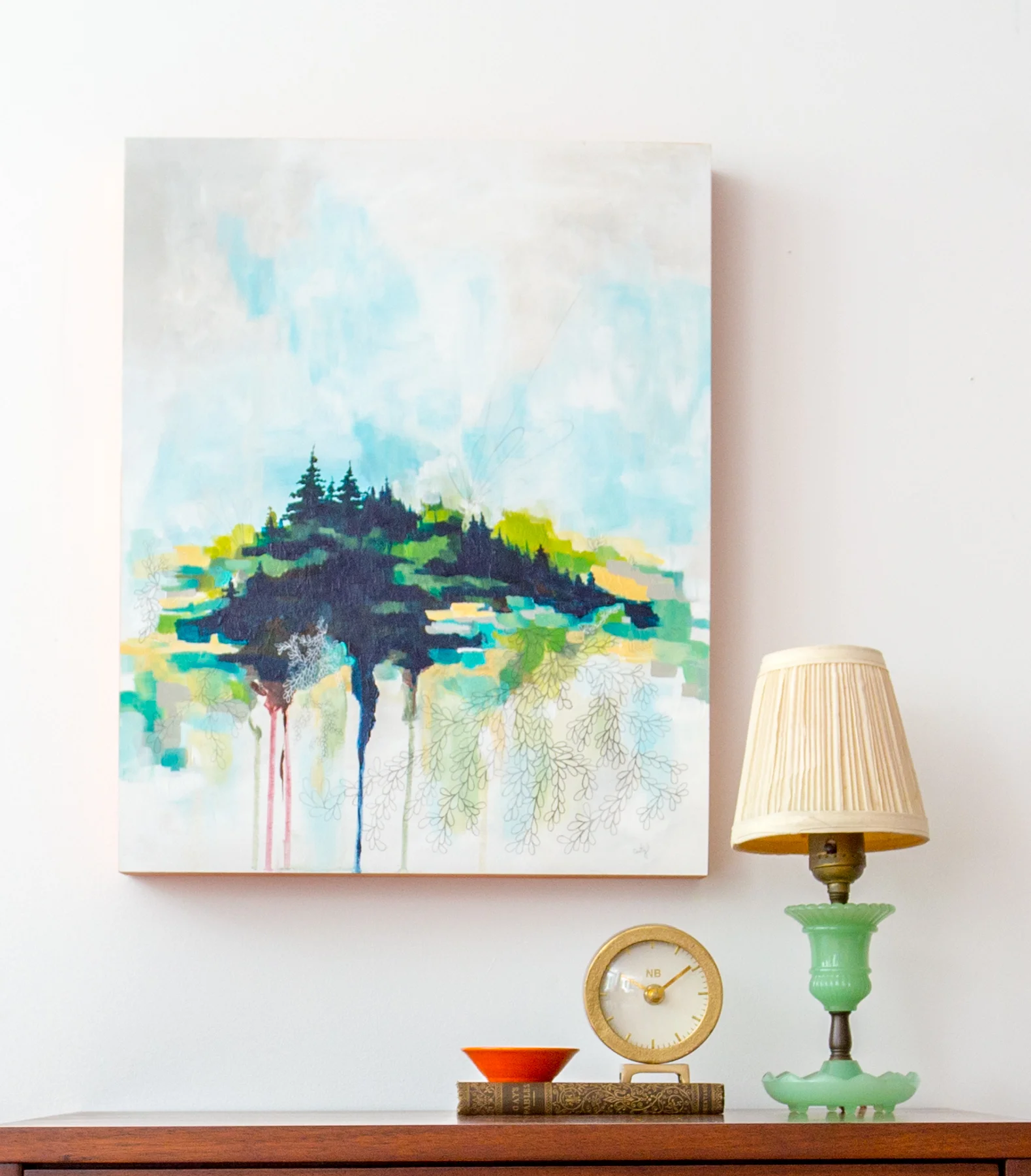 nightstand styling, maine painting, maine art, abstract landscape painting by Megan Carty