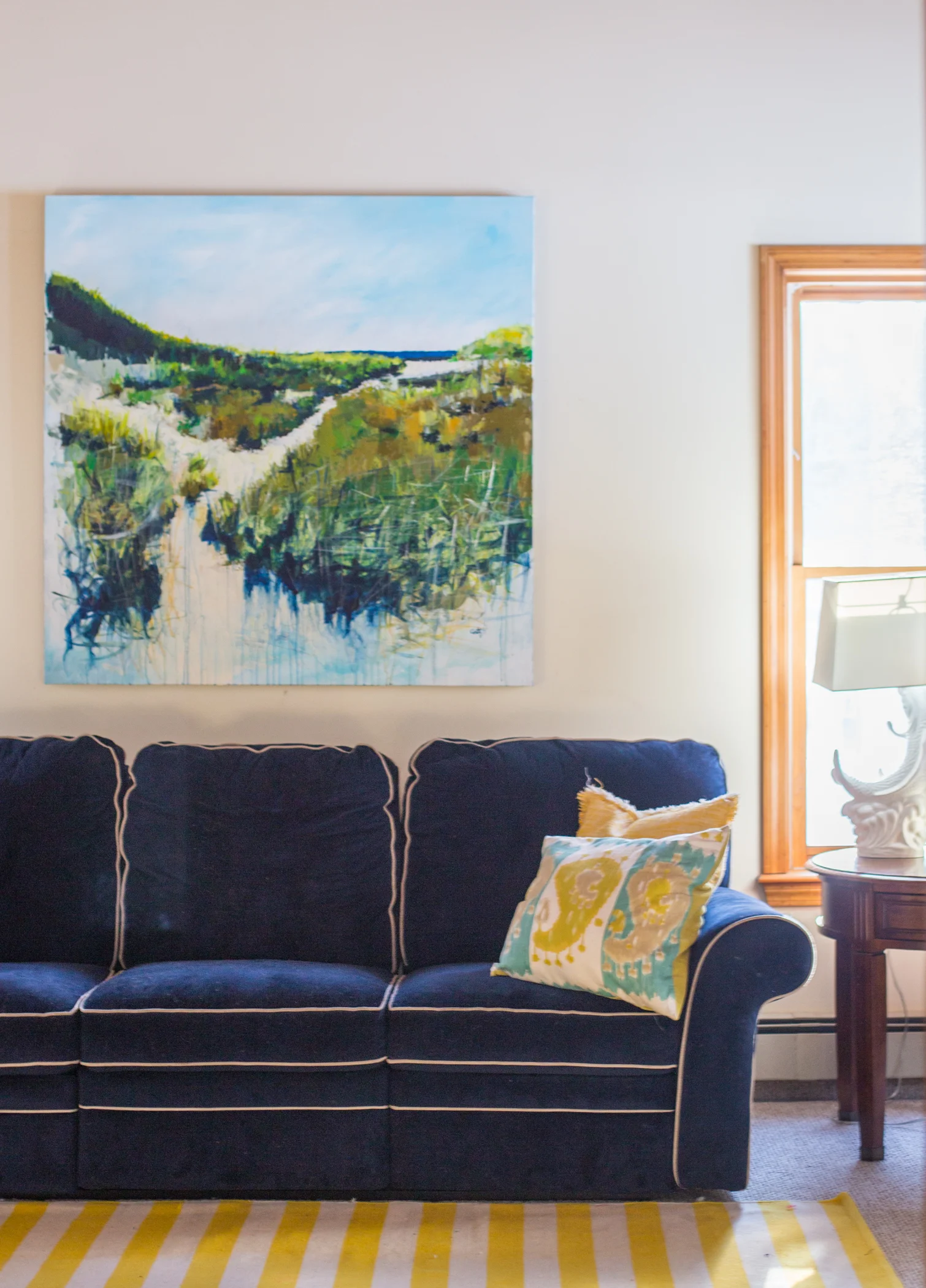 Family Room, Navy Blue Couch, Nautical theme, abstract landscape painting (New England) by Megan Carty