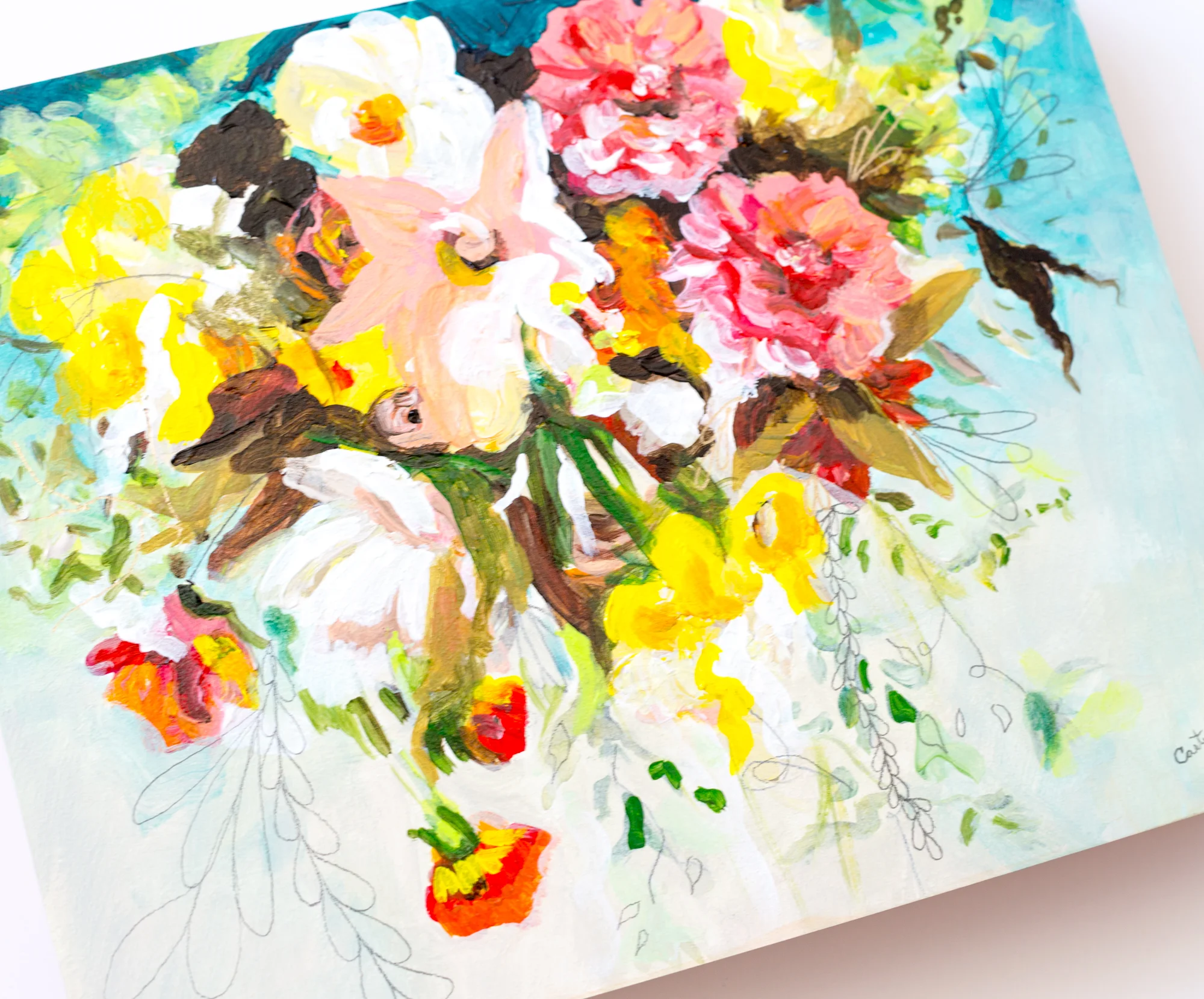 Bright and colorful whimsical floral painting by Megan Carty, teal blue painting