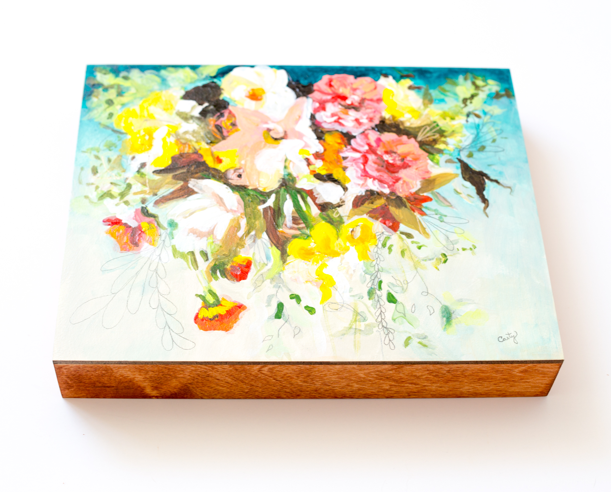 Bright and colorful whimsical floral painting by Megan Carty, teal blue painting