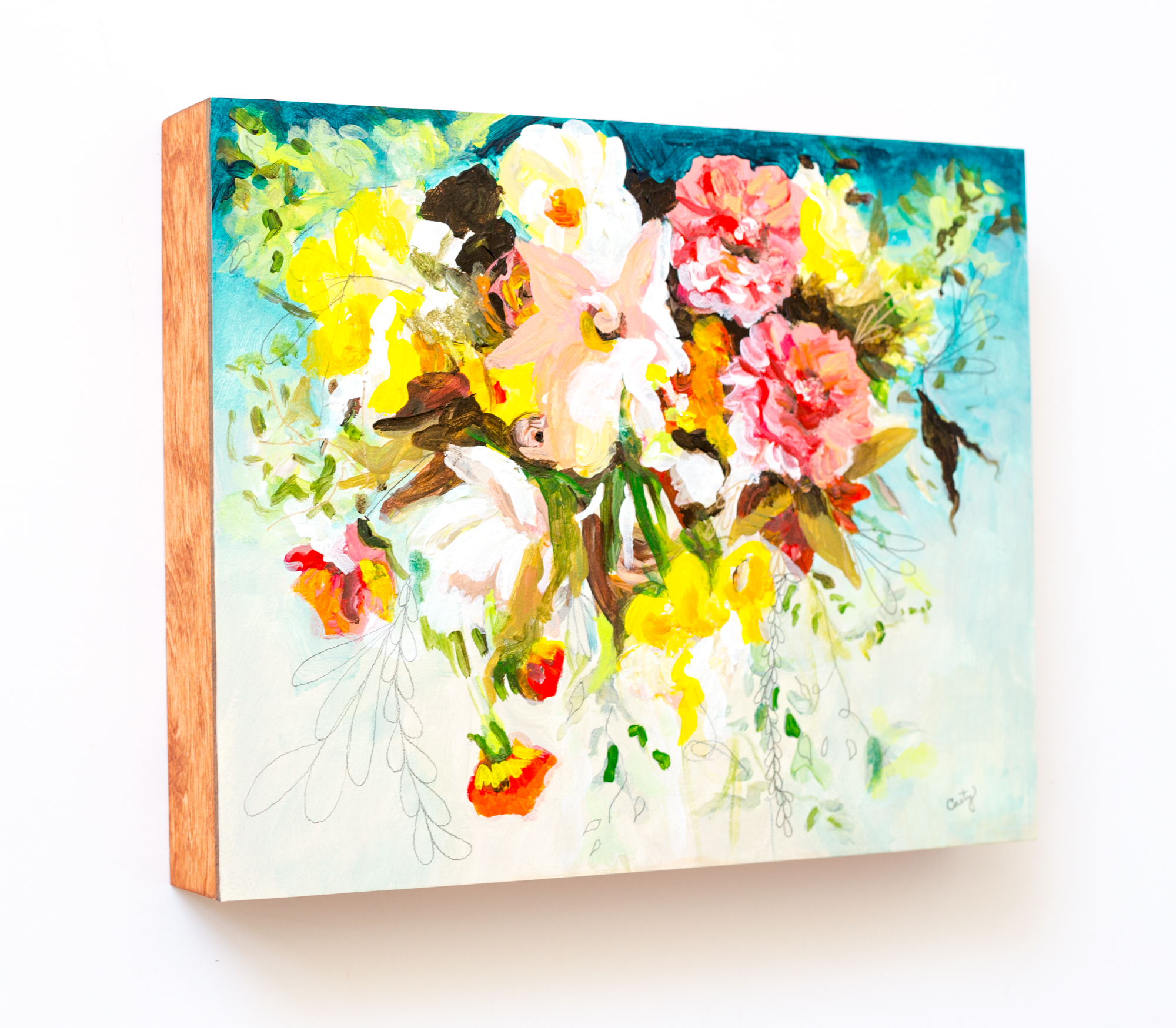 Bright and colorful whimsical floral painting by Megan Carty, teal blue painting