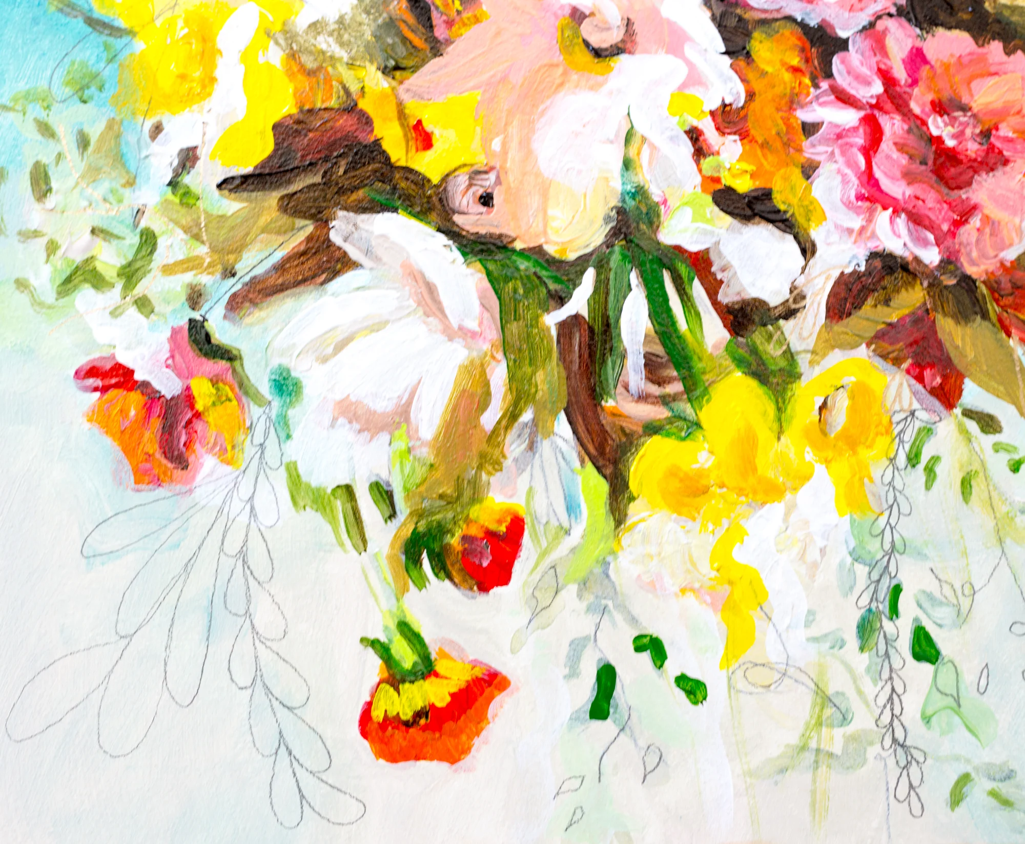 Bright and colorful whimsical floral painting by Megan Carty, teal blue painting