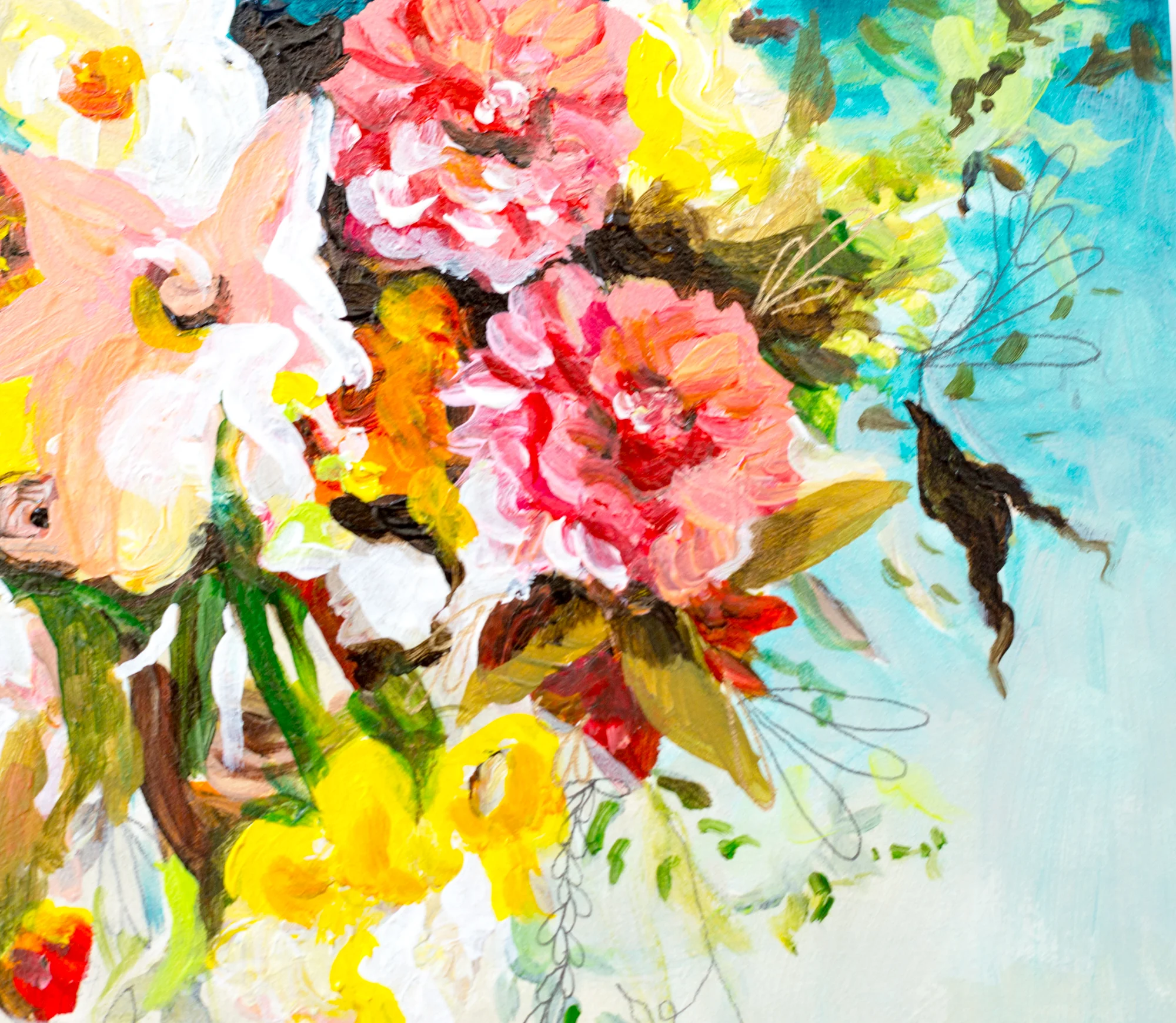 Bright and colorful whimsical floral painting by Megan Carty, teal blue painting