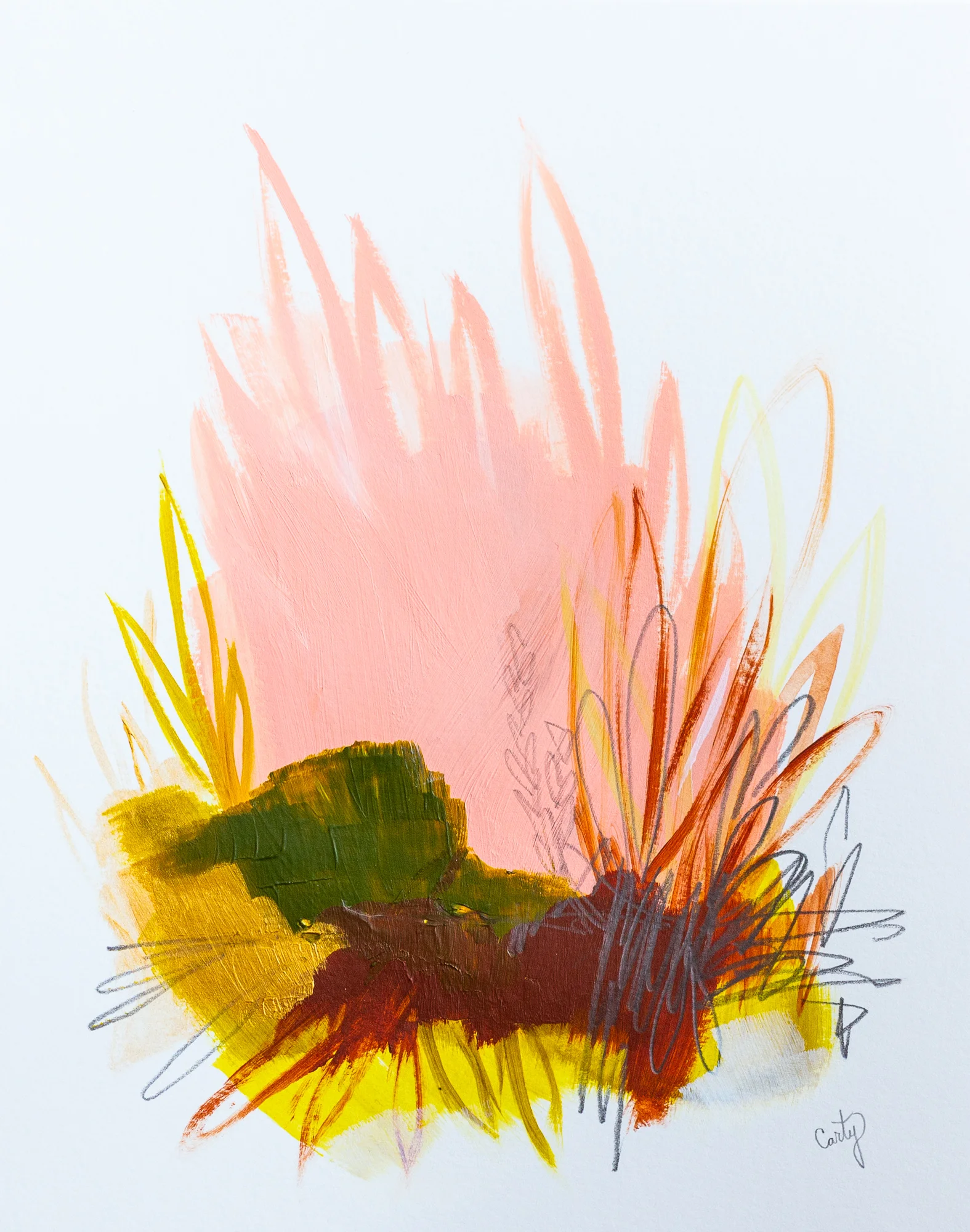 abstract expressionist painting in pink and metallic gold by Megan Carty