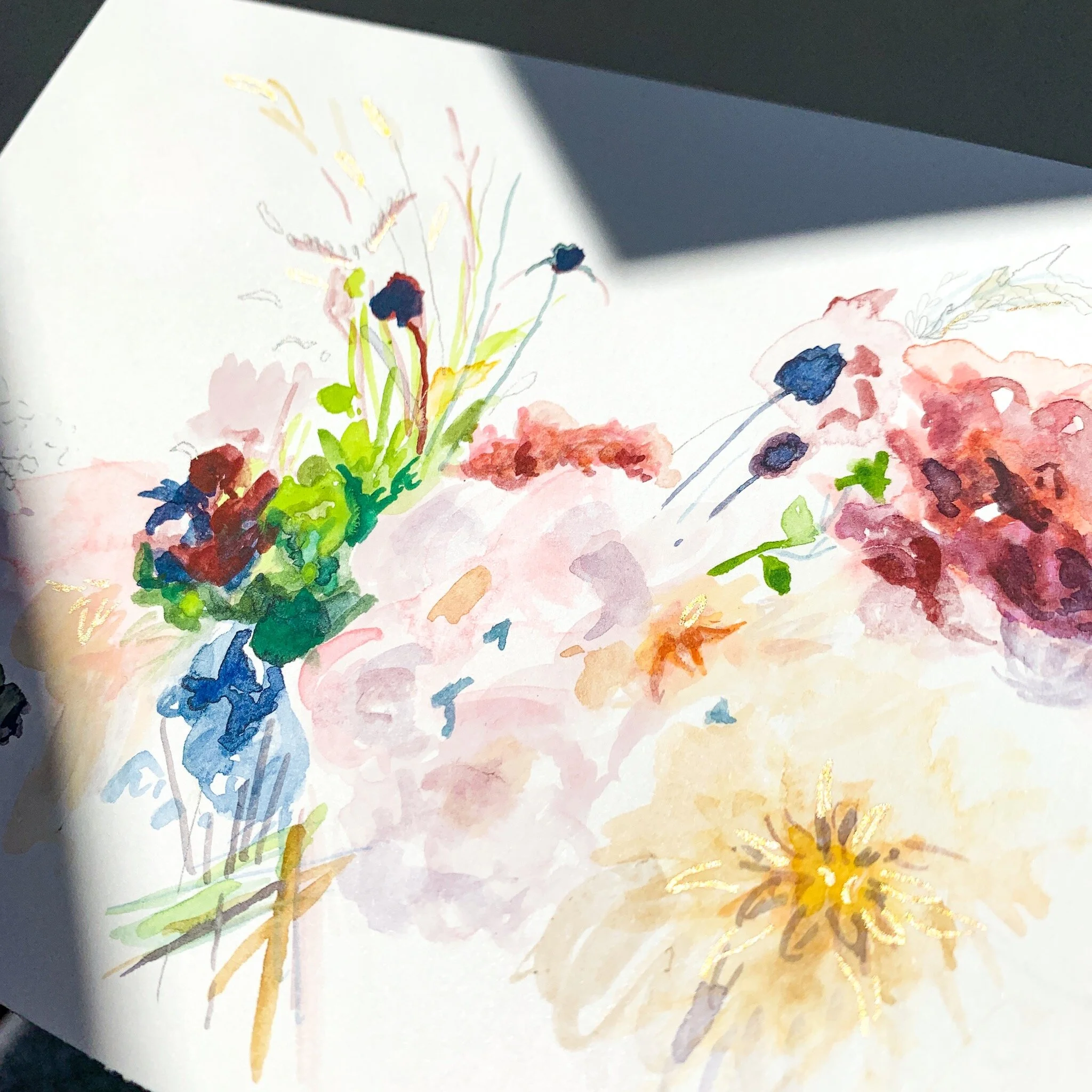 watercolor floral painting by Megan Carty metallic detail