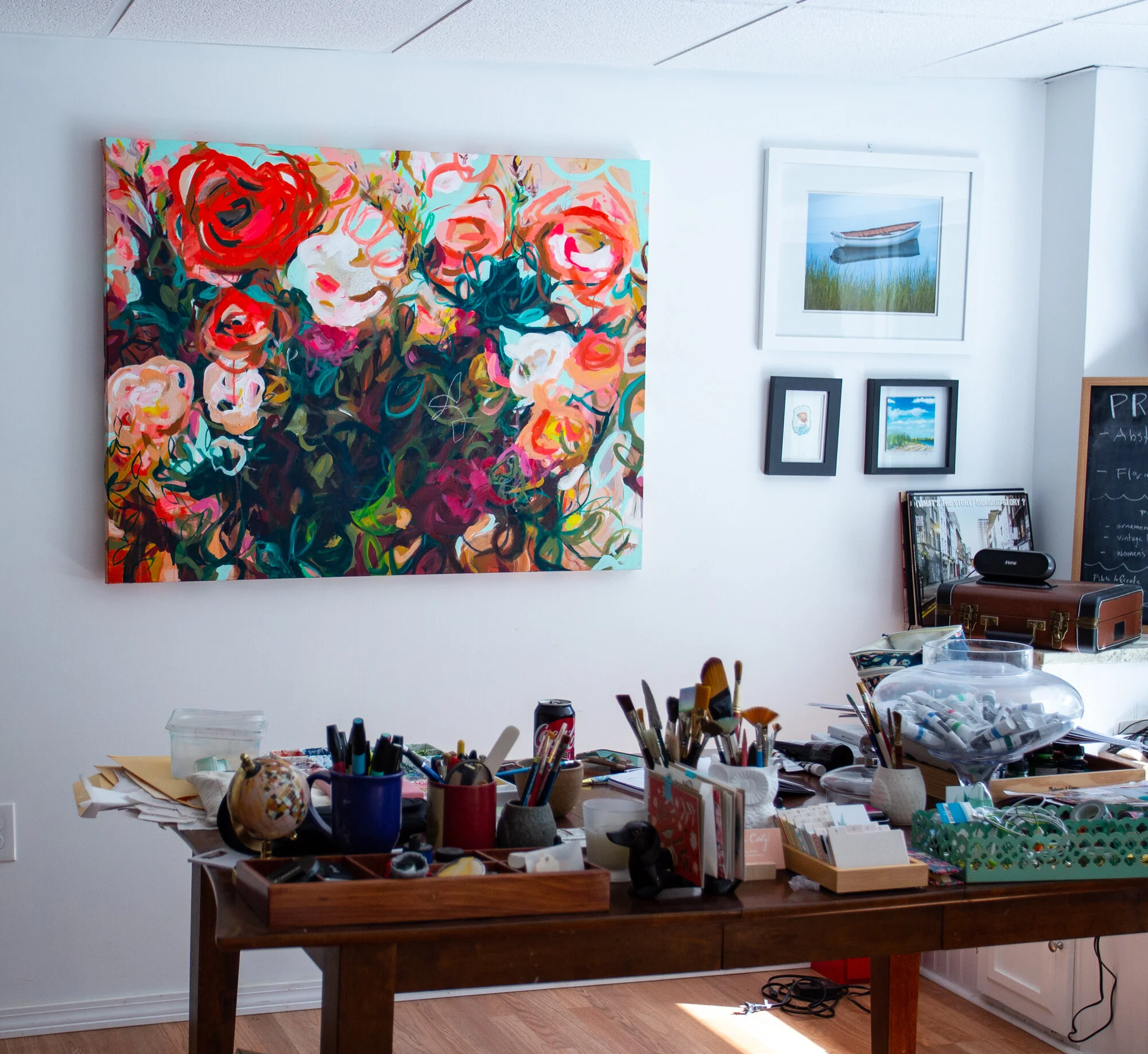 Large Abstract Floral Painting by Megan Carty in her art studio