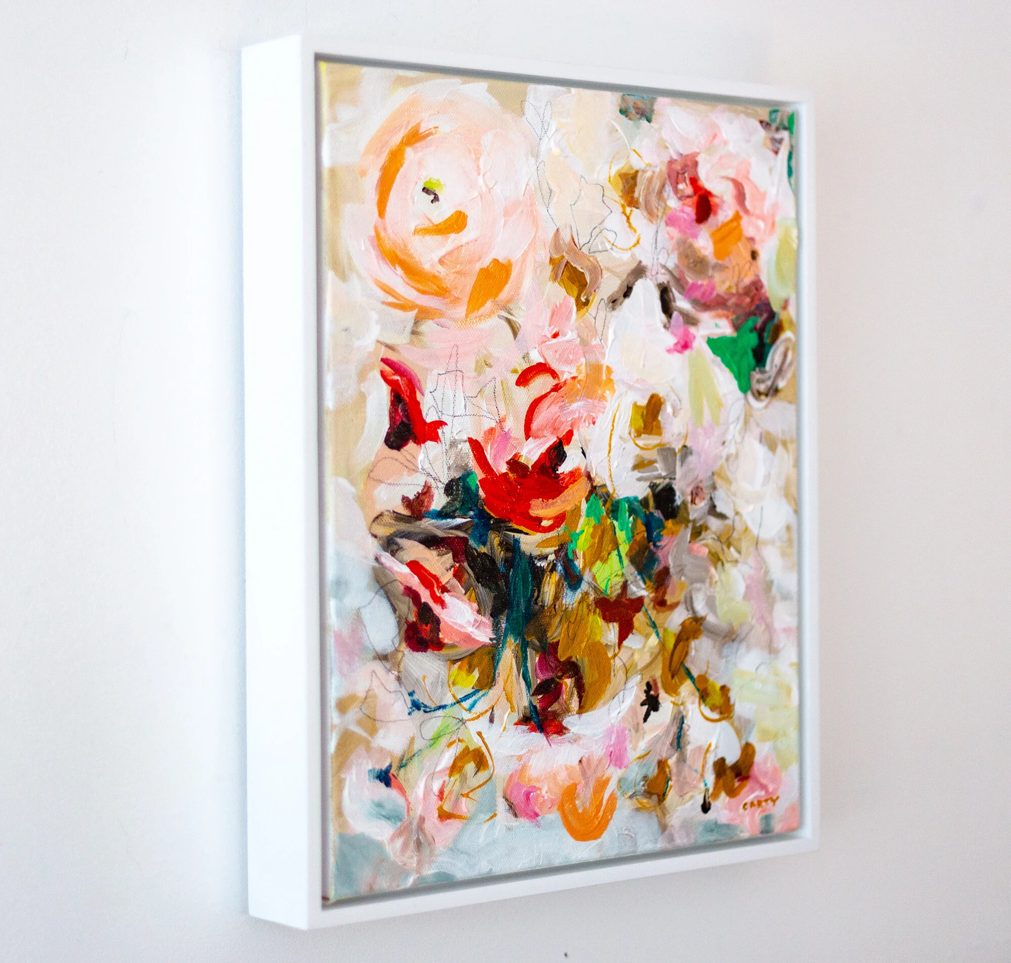 framed small abstract floral paintings by Boston artist Megan Carty