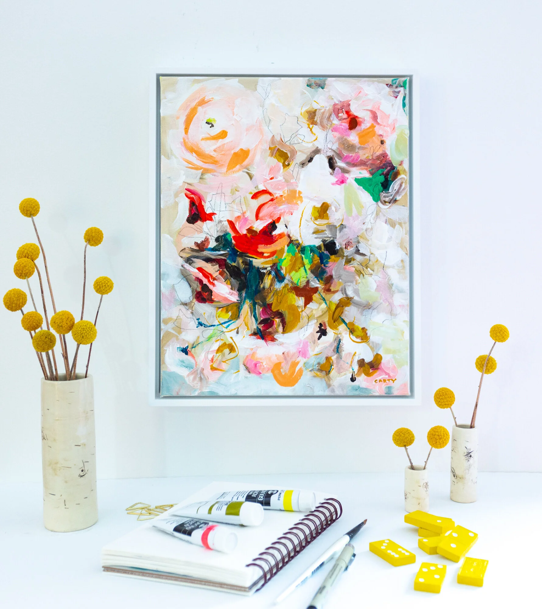 framed small abstract floral paintings by Boston artist Megan Carty