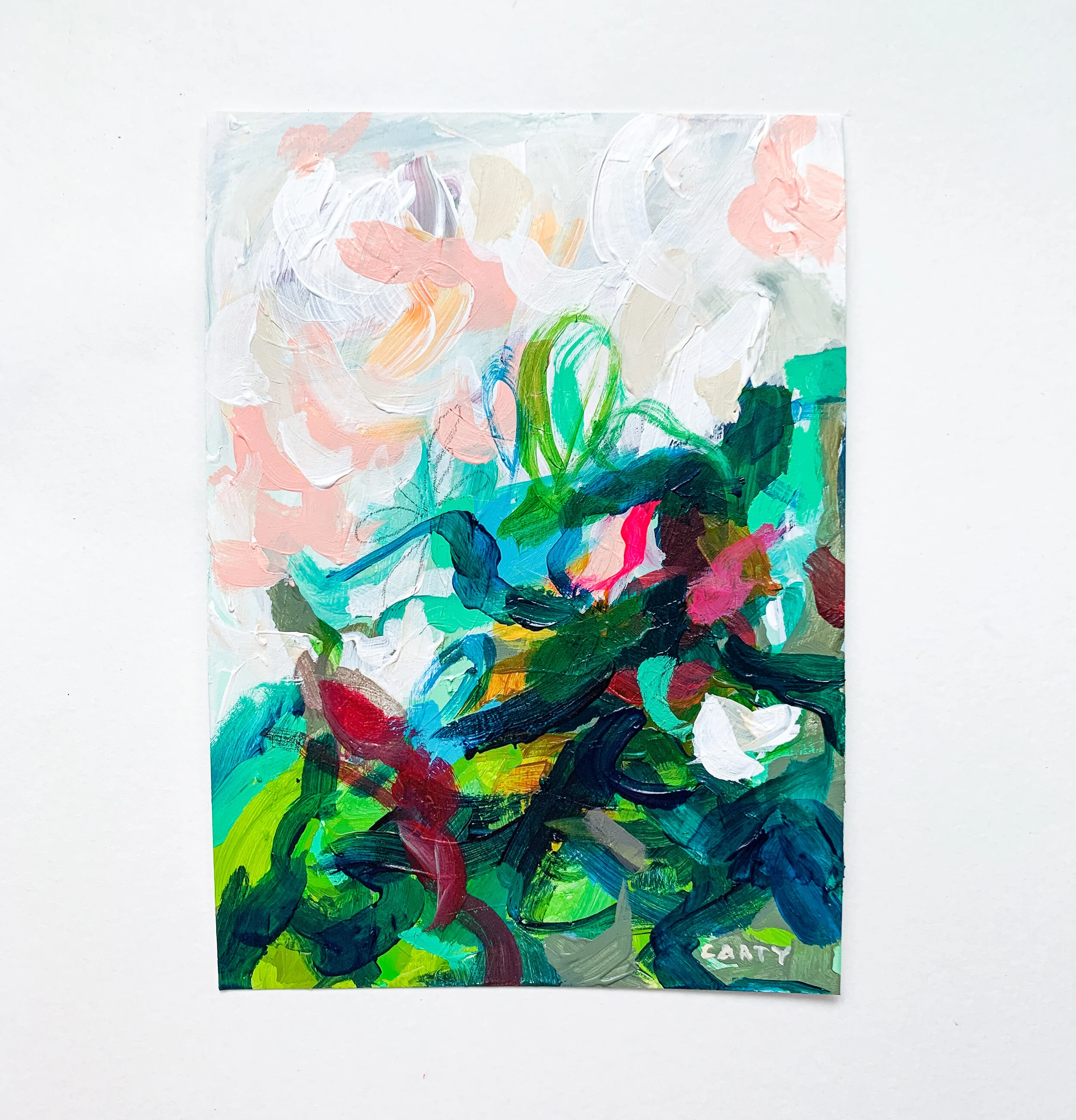 Spring Chicken, 5x7" Modern Abstract Floral Painting 