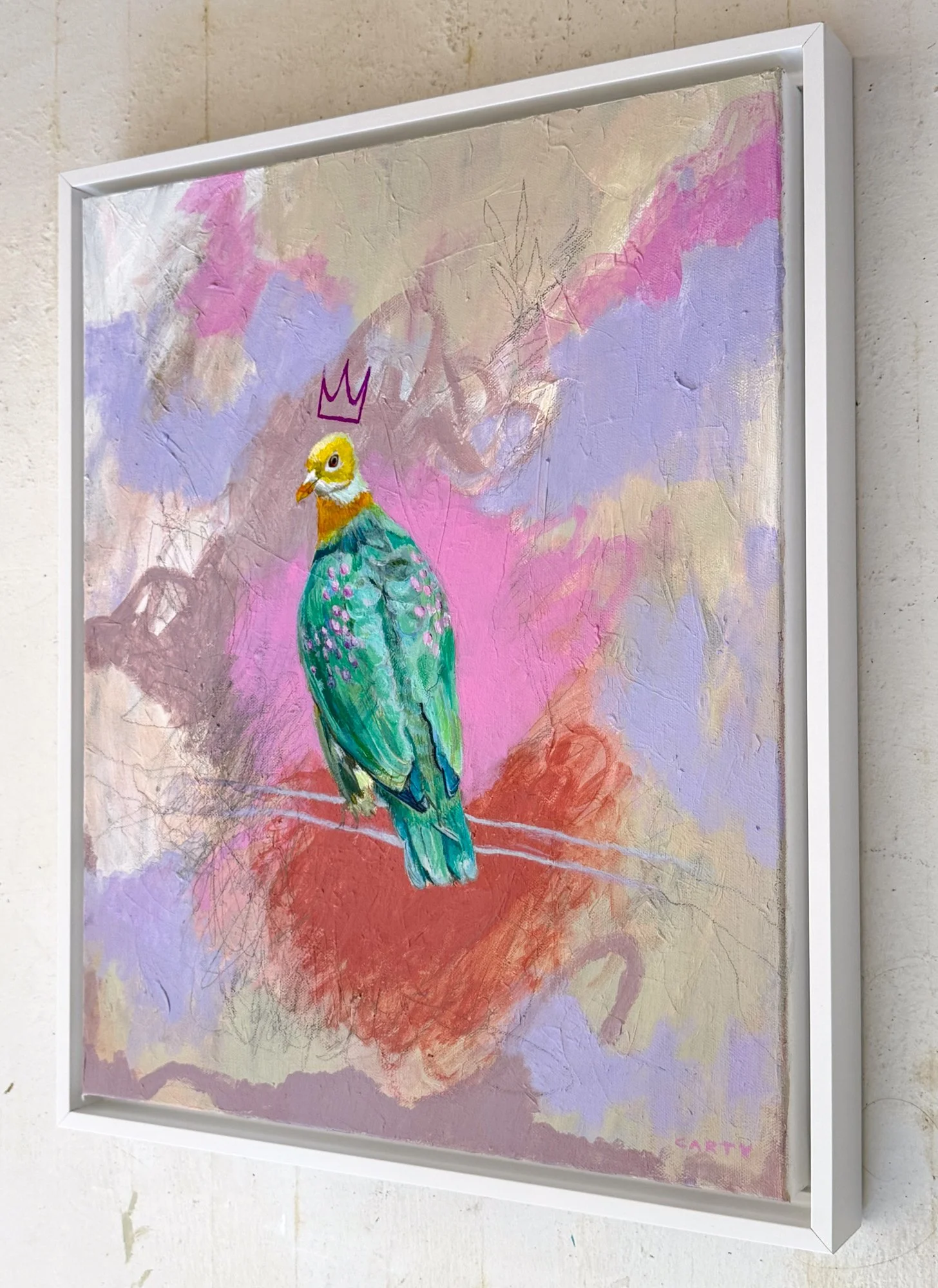 16x20 framed acrylic painting of a fruit dove wearing a crown by Megan Carty