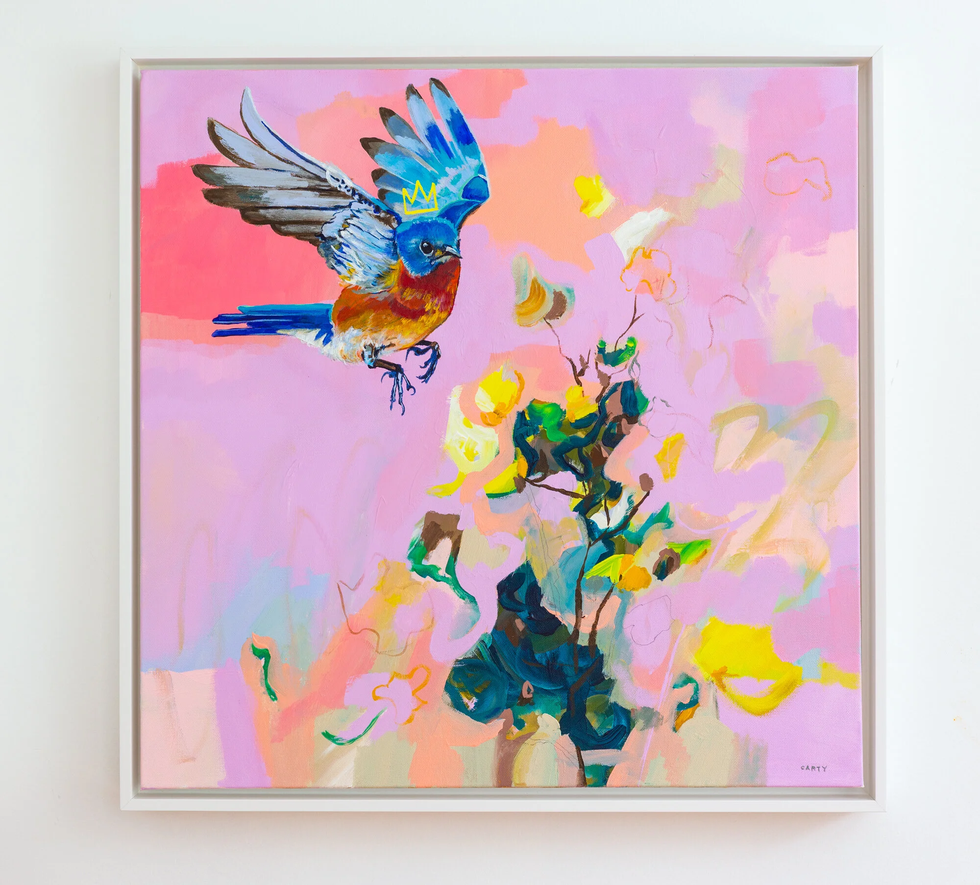 Bluebird painting on an abstract floral painting background by Megan Carty