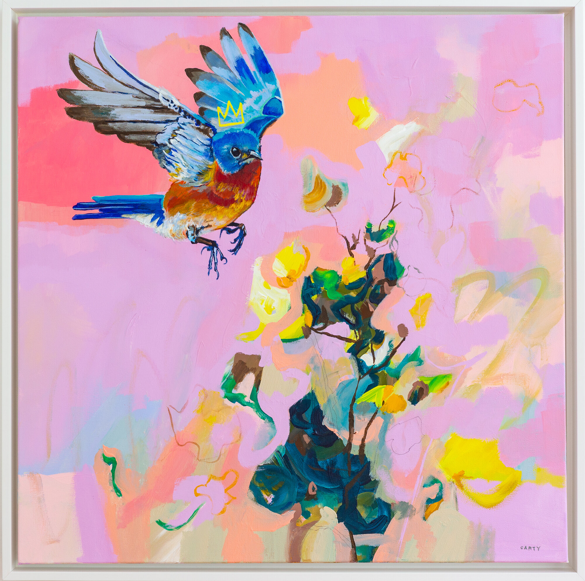 Bluebird painting on an abstract floral painting background by Megan Carty