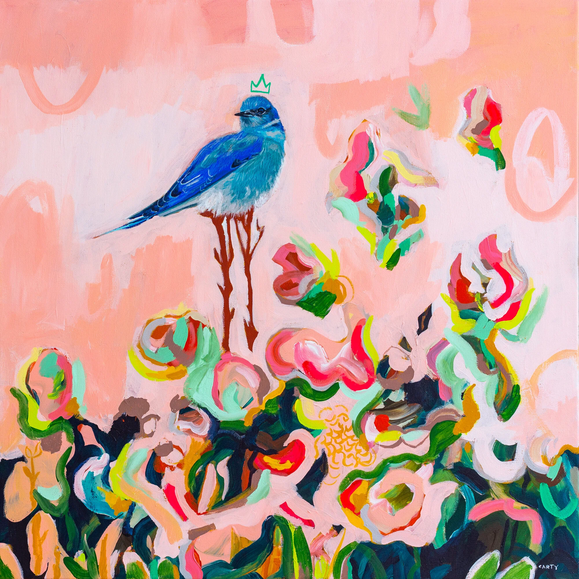 Abstract floral painting with a realistic painted bluebird by Megan Carty