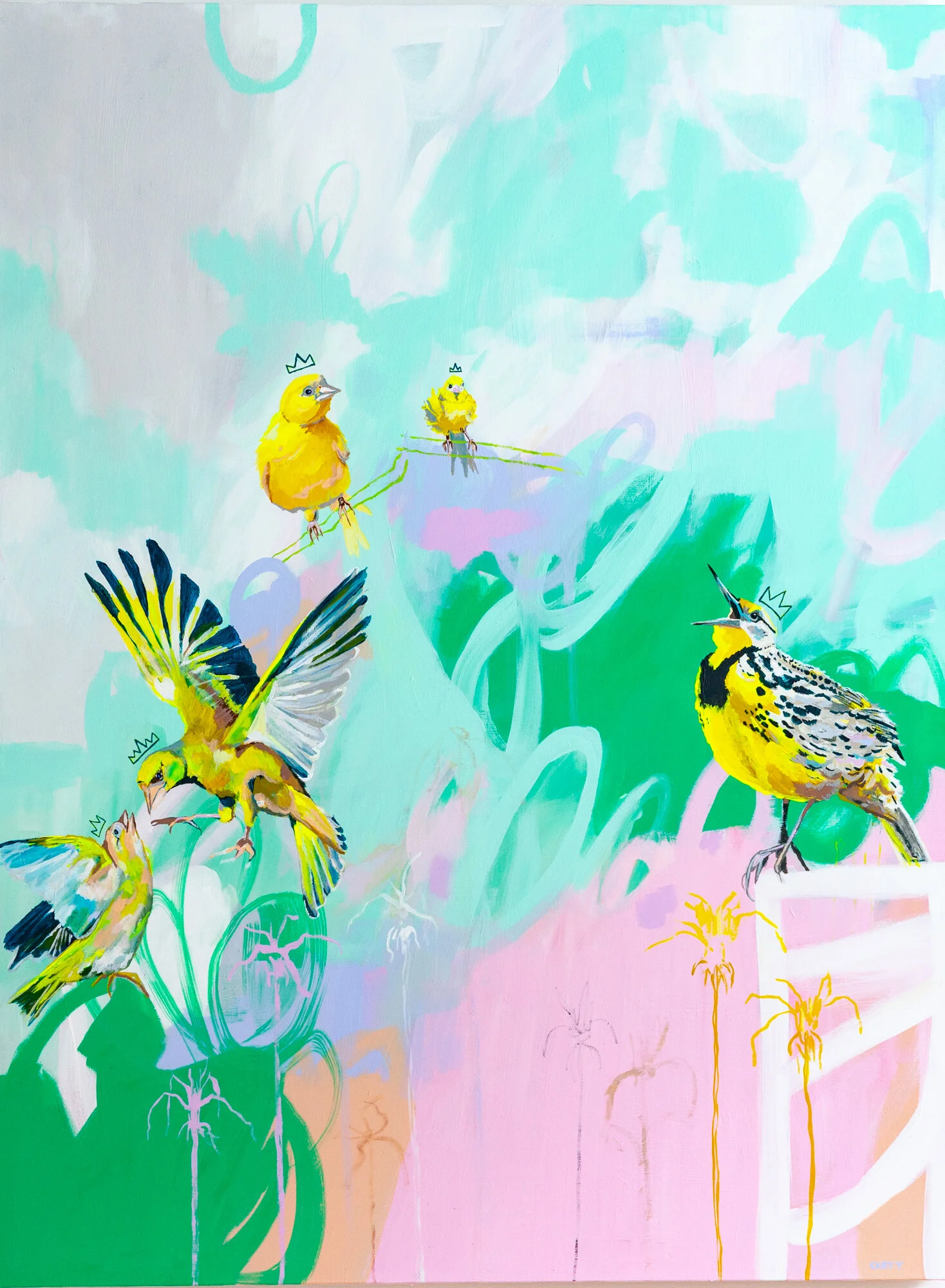 Large statement abstract painting with yellow birds by Megan Carty