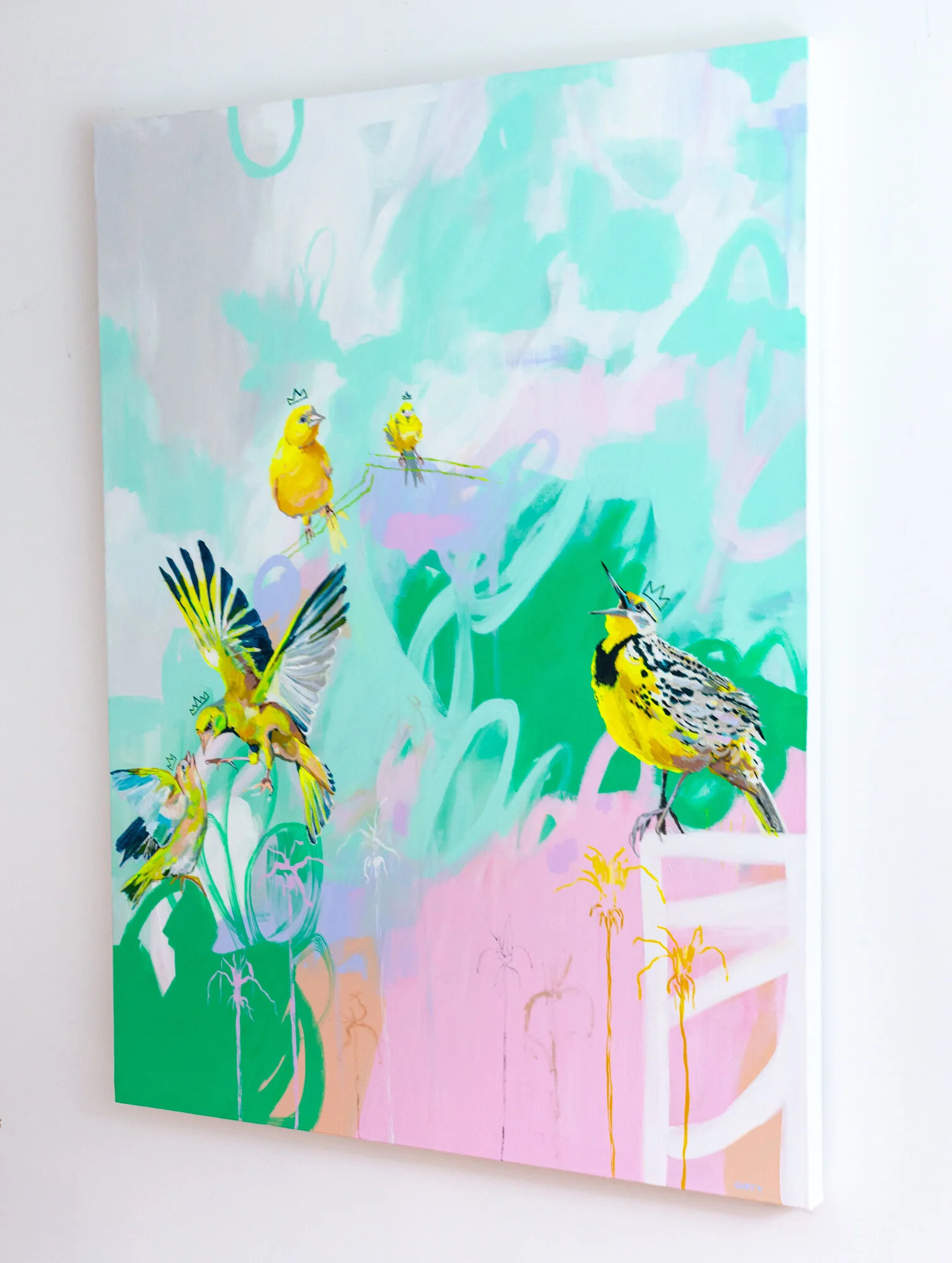 Large statement abstract painting with yellow birds by Megan Carty