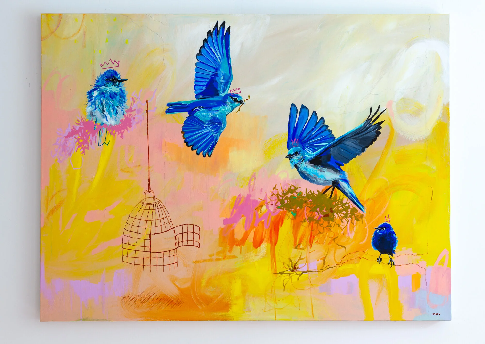Large statement abstract painting with bluebirds by megan carty