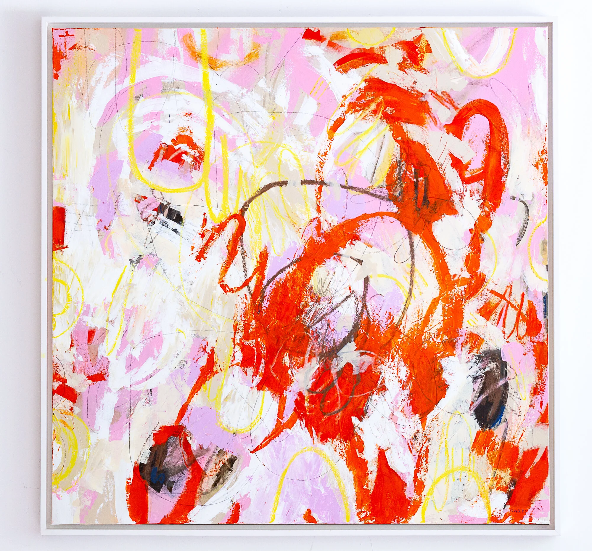 Large pink and orange energetic abstract painting by Megan Carty