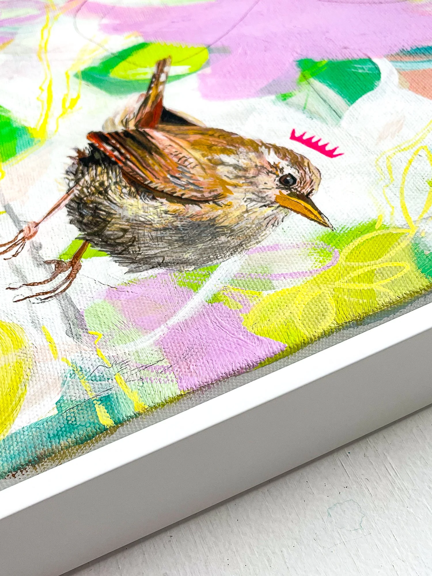 detail of a wren painting by Megan Carty