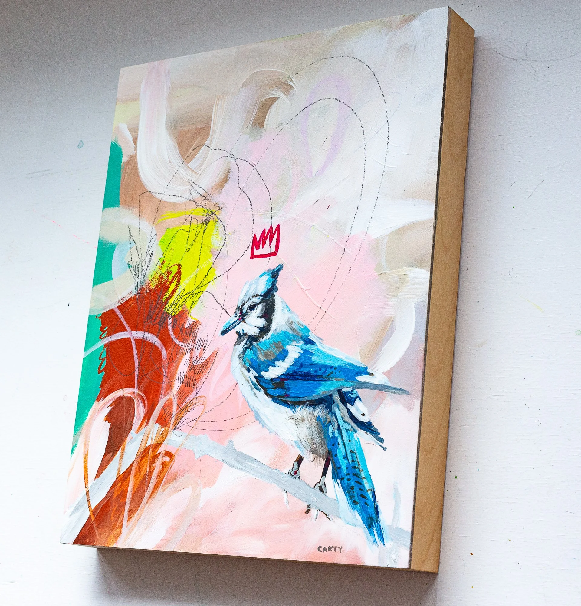 Abstract painting of a blue jay by Megan Carty