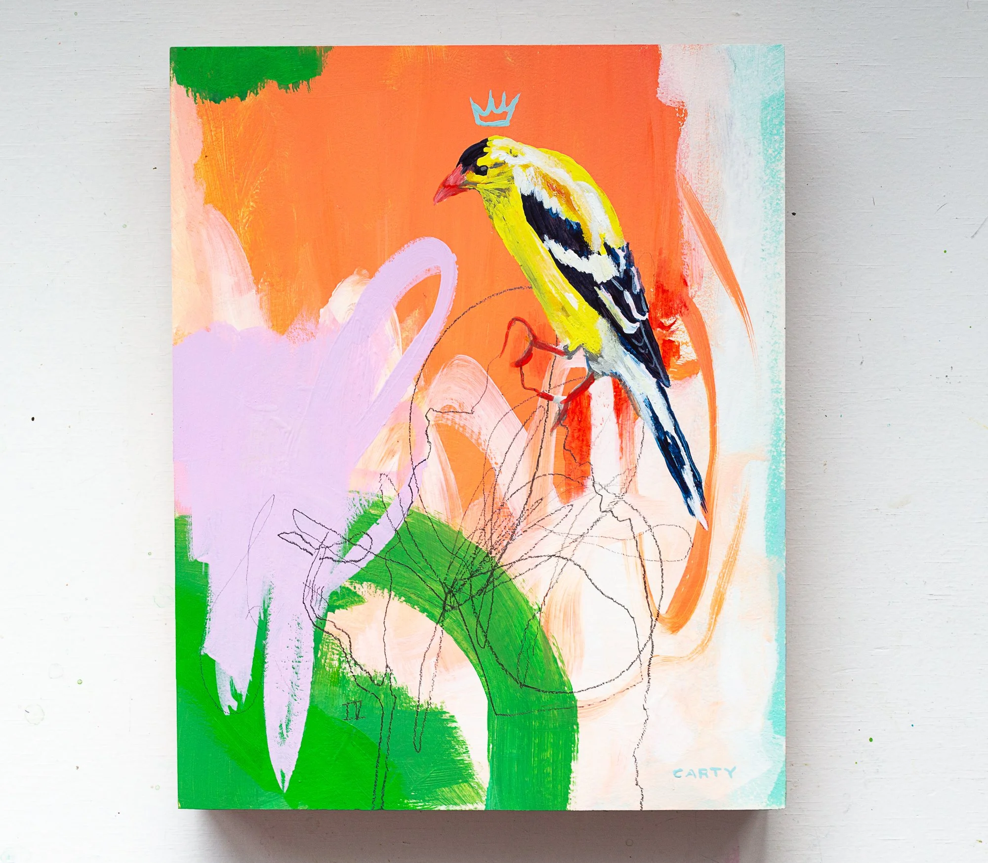 small abstract yellow warbler painting by Megan Carty